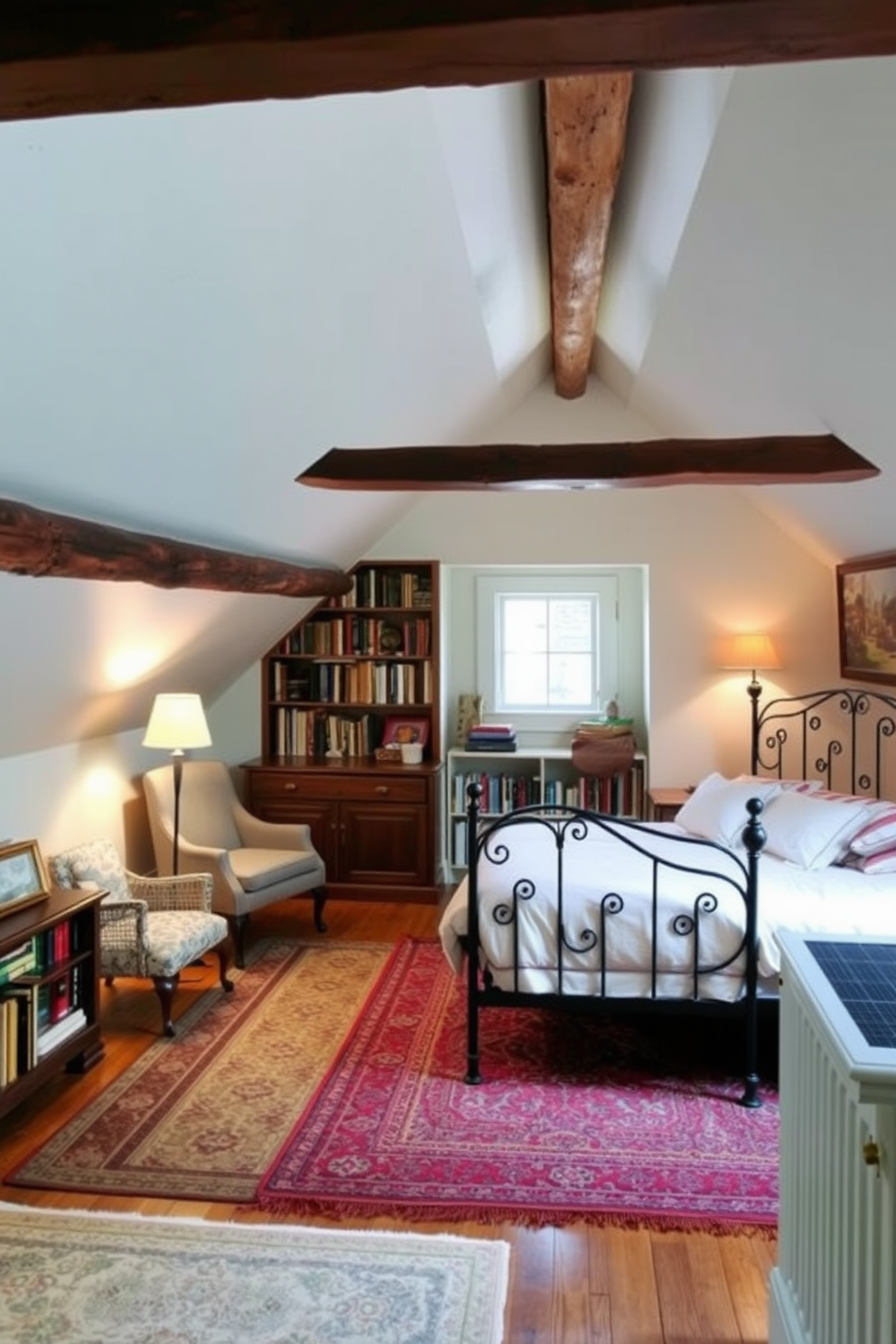 A vintage-inspired attic bedroom filled with charm features exposed wooden beams and a sloped ceiling. The room is adorned with a cozy, patterned area rug and a wrought iron bed dressed in soft, pastel linens. To maximize limited space, a built-in bookshelf lines one wall, showcasing an array of books and decorative items. A small reading nook with a vintage armchair and a floor lamp creates a perfect retreat in this charming attic setting.