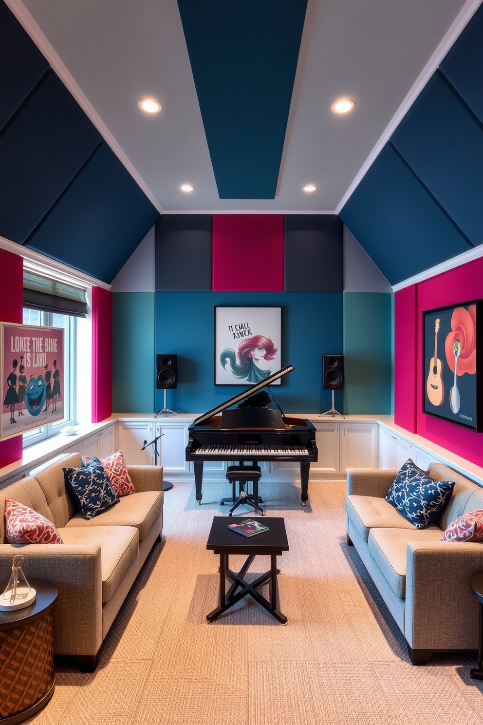 A personalized music room designed for creativity features soundproof walls adorned with acoustic panels in vibrant colors. The room includes a grand piano in the center, surrounded by comfortable seating and inspirational artwork that reflects the owner's musical journey. Limited space attic design ideas focus on maximizing functionality while maintaining a cozy atmosphere. Incorporate built-in shelves for storage and a small desk area that doubles as a reading nook, with soft lighting to create an inviting ambiance.