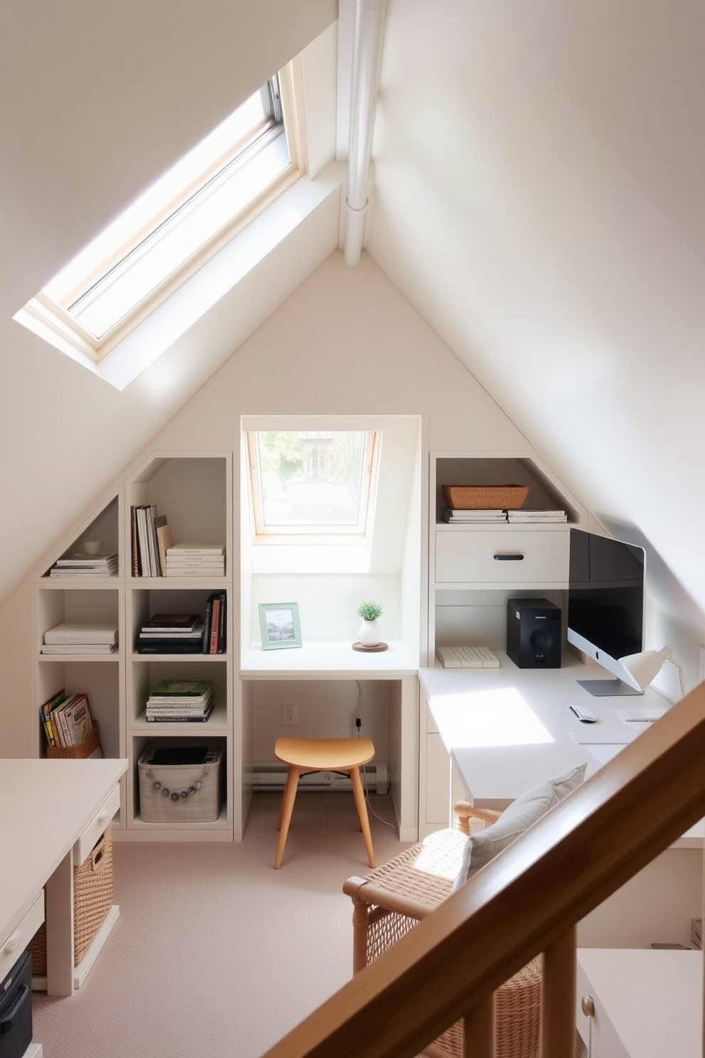 A cozy attic space transformed into a functional living area. Soft natural light filters through a small window, illuminating a compact seating arrangement with a plush sofa and a small coffee table. In one corner, a tall bookshelf filled with books adds character and warmth. Lush green plants are strategically placed to bring a touch of nature into the limited space, creating a refreshing atmosphere.