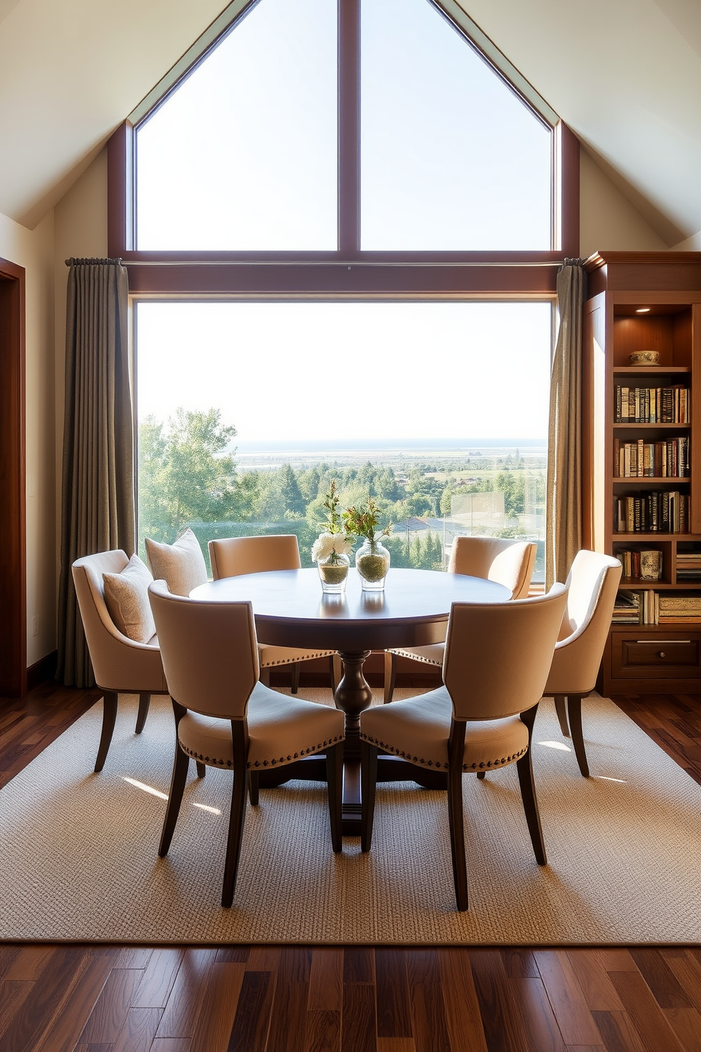 Inviting breakfast nook with scenic views. A round wooden table is surrounded by plush upholstered chairs, with large windows showcasing the beautiful outdoor landscape. Limited Space Attic Design Ideas. The attic features a cozy reading corner with a built-in bookshelf, while soft lighting enhances the warm ambiance of the space.