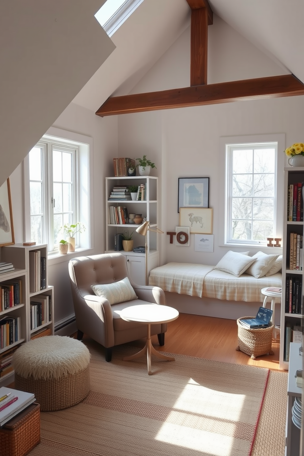 A creative writing space with inspiring decor. The room features a cozy nook with a plush armchair and a small round table, surrounded by shelves filled with books and art supplies. Limited space attic design ideas. The attic is transformed into a multifunctional area with a minimalist desk, a comfortable daybed, and large windows that flood the space with natural light.