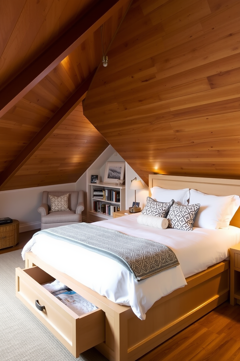 A custom-built bed with under-bed storage is the focal point of this cozy attic bedroom. The slanted ceiling is complemented by warm wood paneling and soft ambient lighting, creating an inviting atmosphere. The bed is adorned with plush bedding and decorative pillows, maximizing comfort and style. A small reading nook with a comfortable chair and bookshelf is nestled in the corner, utilizing the limited space effectively.