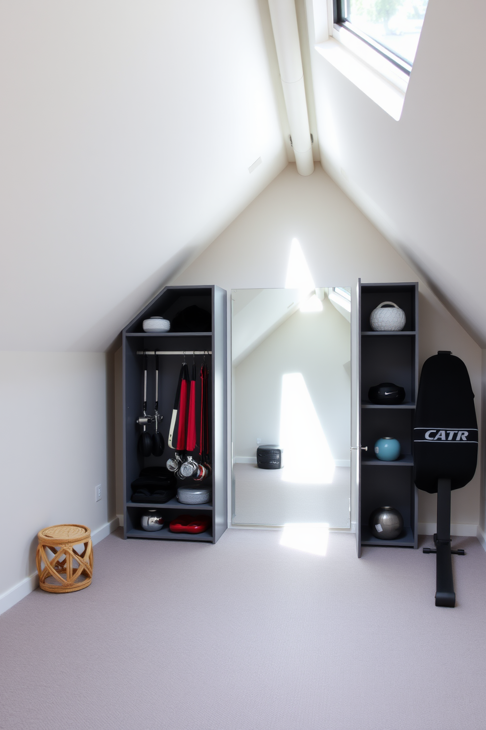 A functional exercise area is designed within a limited space attic. The room features sleek, wall-mounted storage for equipment, ensuring a clutter-free environment. Natural light floods in through skylights, illuminating the space. Soft, neutral colors create a calming atmosphere, while a wall mirror enhances the feeling of openness.