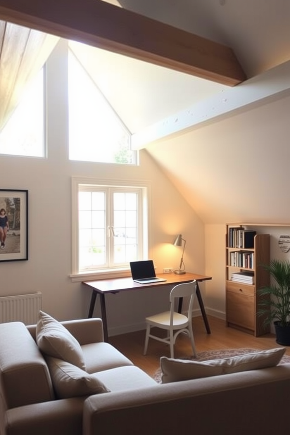 Light-filled workspace with sloped ceiling. A large window allows natural light to flood the room, illuminating a sleek wooden desk placed against the wall. The ceiling features exposed beams that add character to the space. Cozy seating in the corner creates a perfect reading nook, complemented by soft textiles and warm lighting.