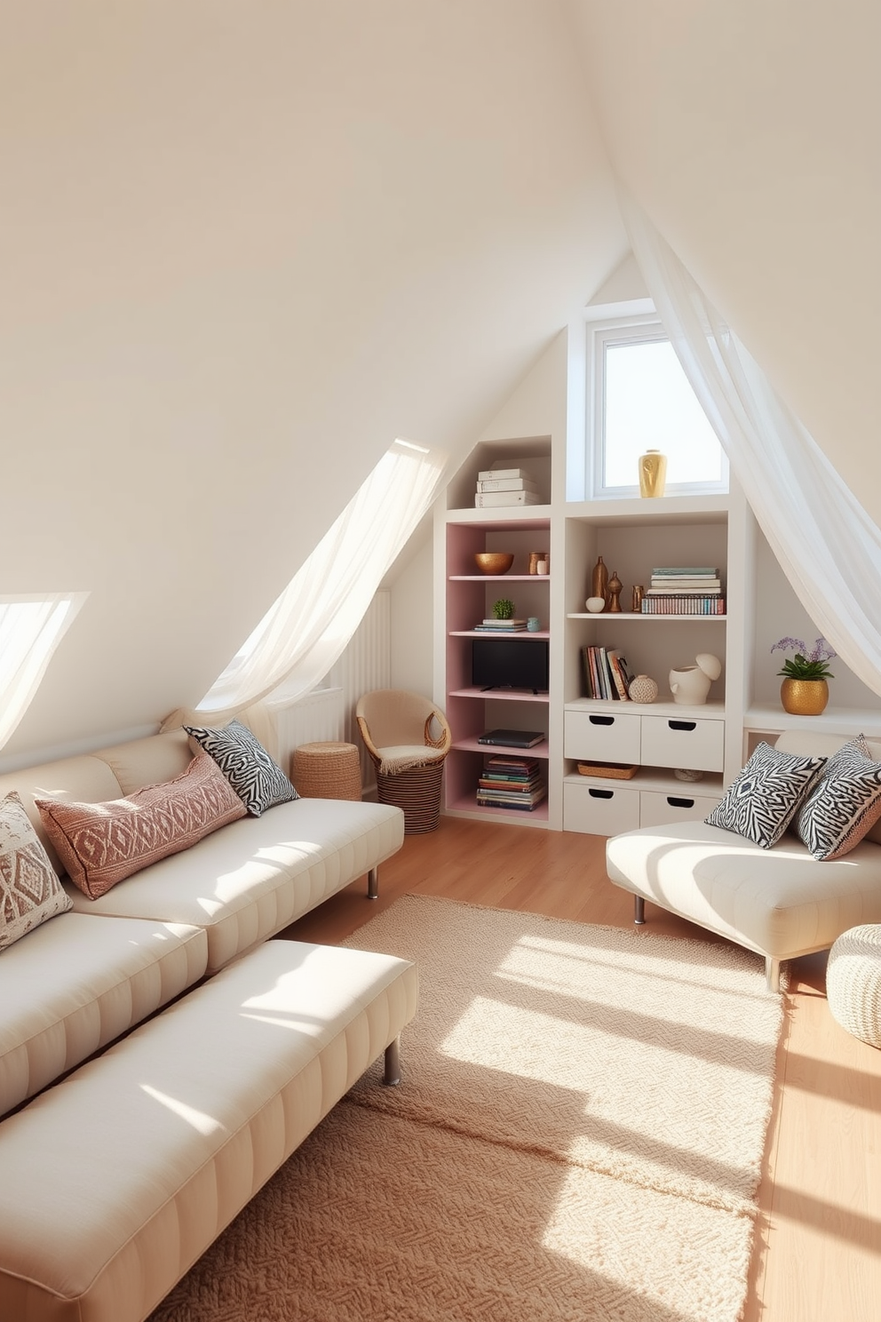 A functional laundry nook designed in a limited space attic features a compact washer and dryer stacked vertically to save space. The walls are painted in a soft white color, and open shelving above the machines holds neatly folded towels and laundry supplies. Natural light filters in through a small skylight, illuminating the area and creating a bright atmosphere. A small folding table is positioned beside the machines, providing a practical workspace for sorting and folding laundry.