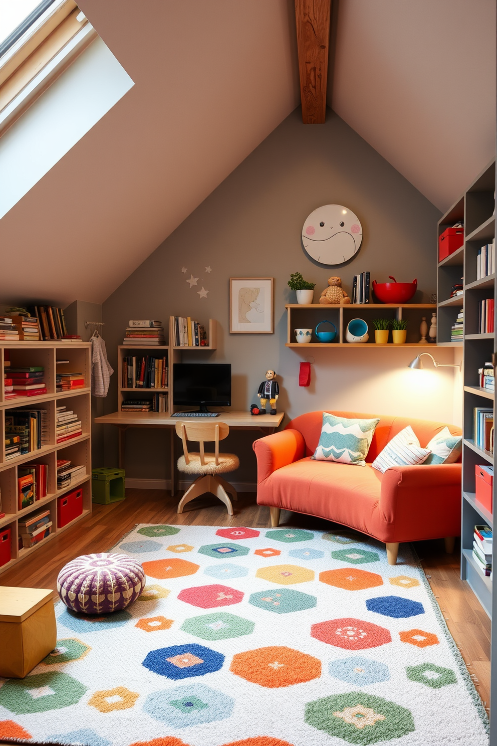 A charming playroom filled with colorful decor features a soft area rug in bright patterns and a cozy reading nook with plush cushions. Shelves are lined with an array of toys and books, while whimsical wall art adds a playful touch to the atmosphere. The limited space attic design incorporates clever storage solutions with built-in shelves and a foldable desk. Soft lighting illuminates the cozy seating area, creating an inviting retreat that maximizes every inch of the space.