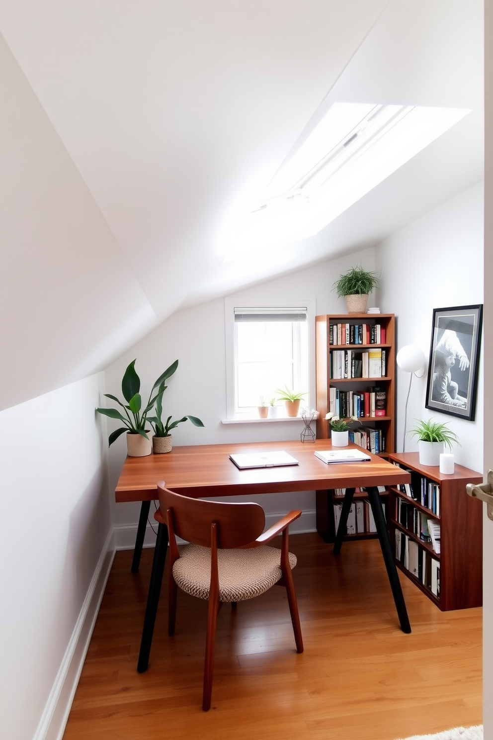 A cozy attic space transformed into a charming reading nook. The design features a plush armchair positioned beneath a skylight, allowing natural light to flood the area. A small wooden bookshelf is built into the sloped wall, filled with an array of colorful books. Soft, neutral tones on the walls and a warm area rug create an inviting atmosphere.