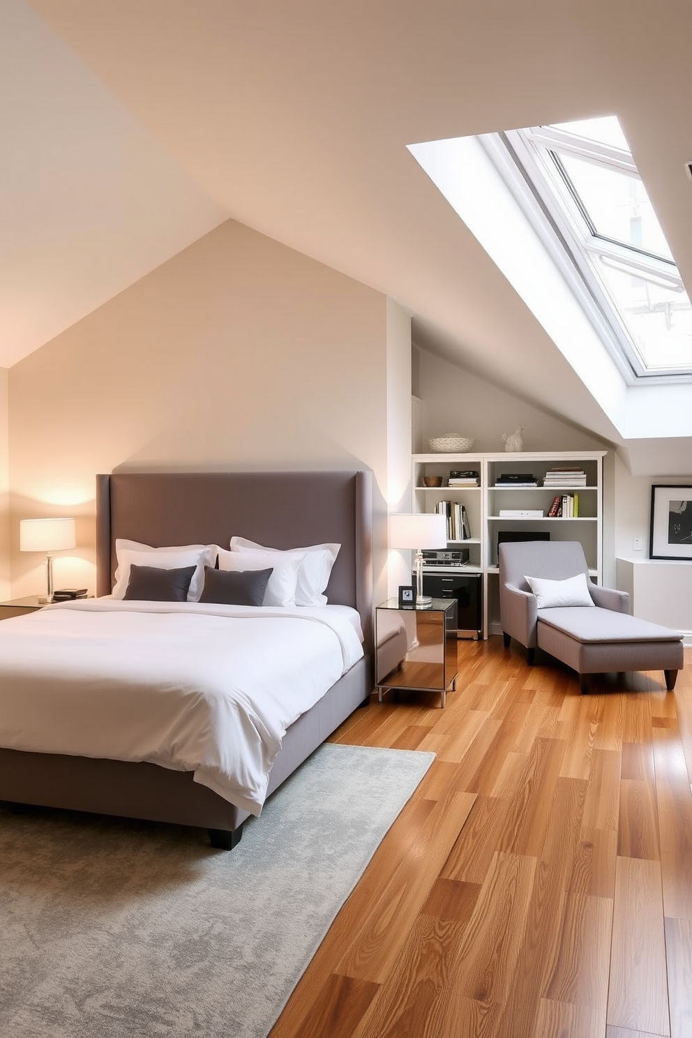 Elegant bedroom with low-profile furniture. The room features a plush king-sized bed with a soft gray upholstered headboard and crisp white linens. A pair of minimalist nightstands flanks the bed, each adorned with sleek table lamps. The walls are painted in a calming pastel hue, and a large area rug adds warmth to the hardwood floor. Limited Space Attic Design Ideas. The attic is transformed into a cozy reading nook with built-in shelves and a comfortable chaise lounge. Natural light floods the space through a skylight, while soft lighting creates an inviting atmosphere for relaxation.