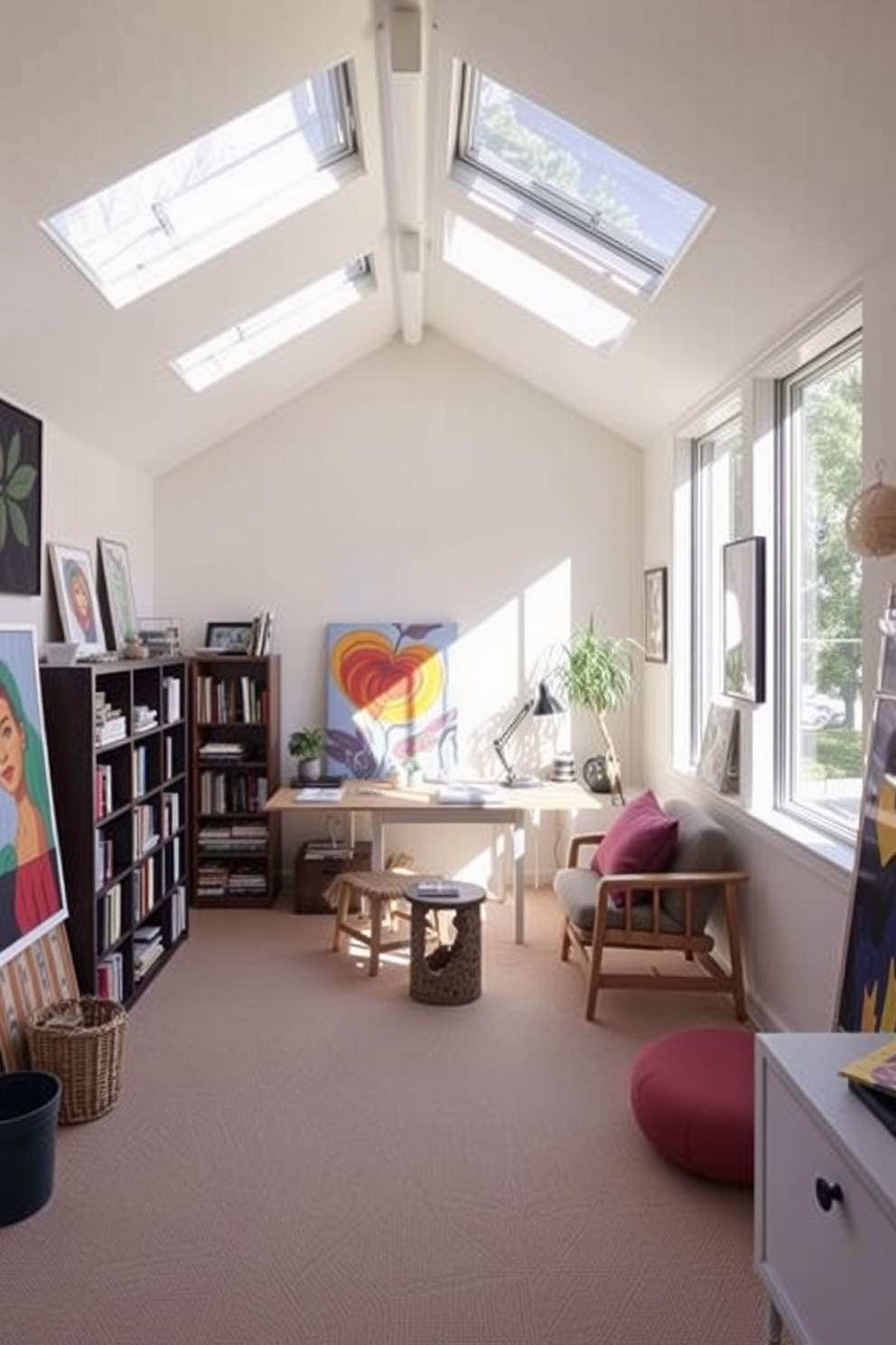 A cozy attic bedroom with a low-profile bed featuring a soft upholstered headboard. The walls are painted in a warm neutral tone, and large windows allow natural light to flood the space. In one corner, a small reading nook is created with a comfortable armchair and a side table. Decorative throw pillows and a plush area rug add warmth and texture to the room.