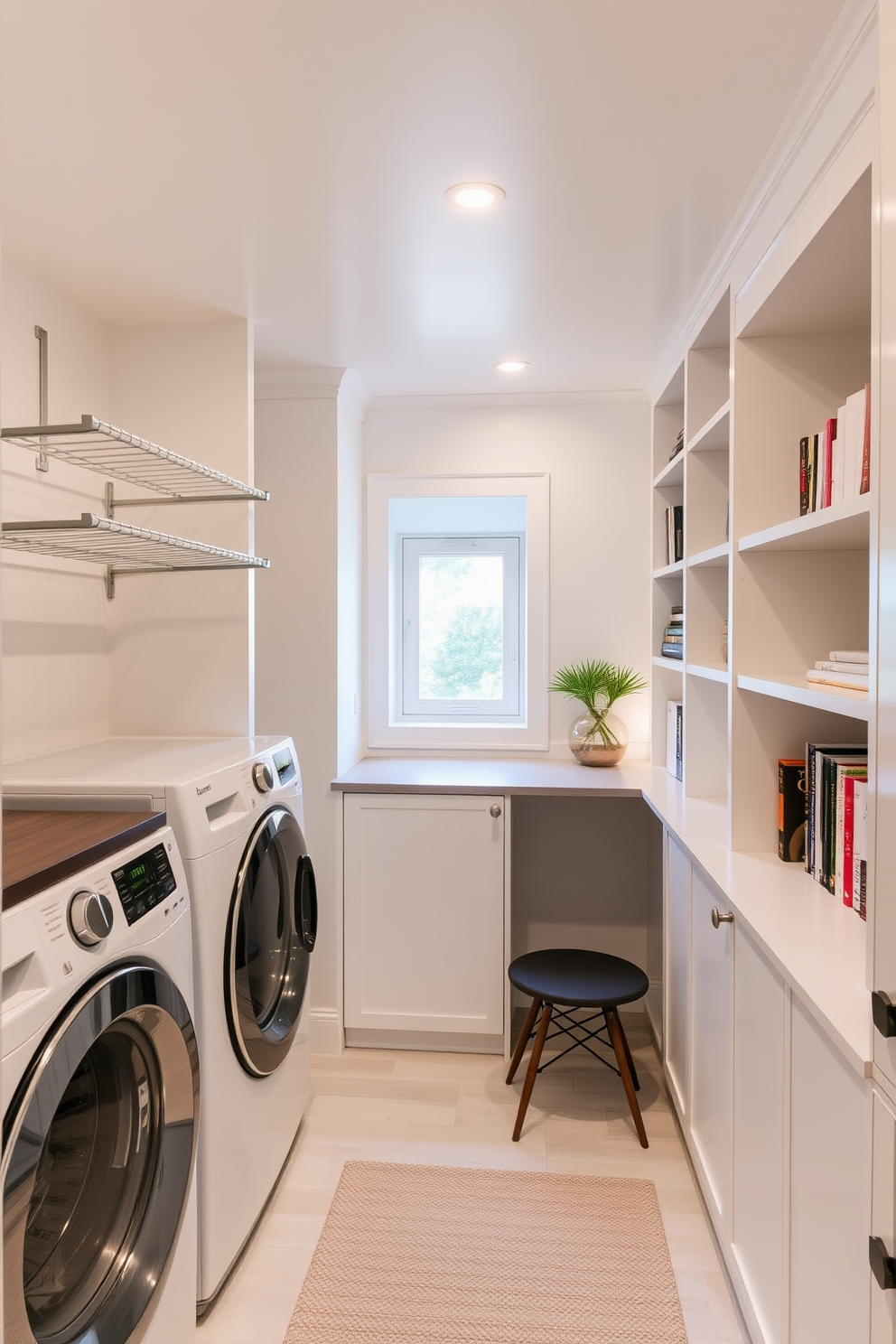 A functional laundry area with smart storage features a wall-mounted drying rack and built-in shelves for organization. The space is illuminated by recessed lighting, and a sleek countertop provides ample workspace for folding clothes. Limited space attic design ideas include a cozy reading nook with built-in bookshelves and a small window for natural light. The walls are painted in a soft white to enhance brightness, and a compact desk is tucked into the corner for a home office setup.