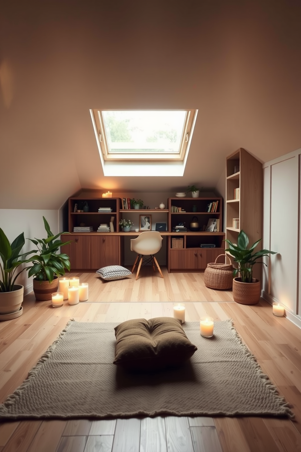 Inviting meditation space with soft lighting. The room features a comfortable floor cushion surrounded by candles and plants, creating a serene atmosphere. Limited space attic design ideas. The attic is transformed into a cozy reading nook with built-in shelves, a small desk, and a skylight that allows natural light to flood the space.