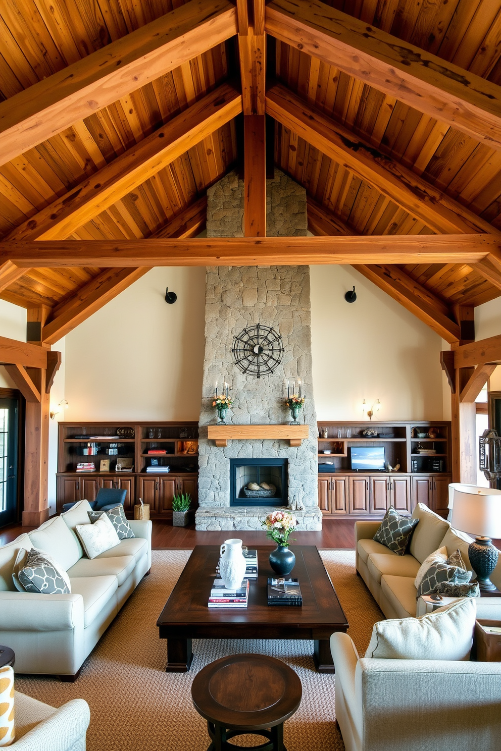 Coffered ceiling with recessed lighting creates a stunning focal point in the living room. The intricate design adds depth and elegance while the soft glow of the recessed lights enhances the overall ambiance.