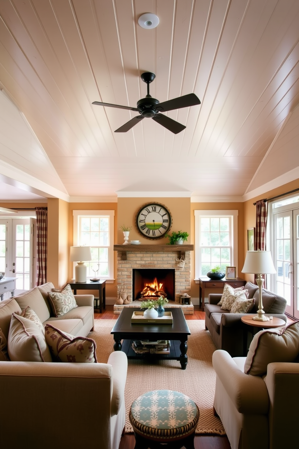 A cozy living room featuring beadboard ceilings that evoke a charming cottage atmosphere. The walls are painted in warm, soft hues, and large windows allow natural light to flood the space. Comfortable seating arrangements with plush sofas and an inviting fireplace create a welcoming ambiance. Decor elements include rustic wood accents and decorative throw pillows that enhance the cottage aesthetic.