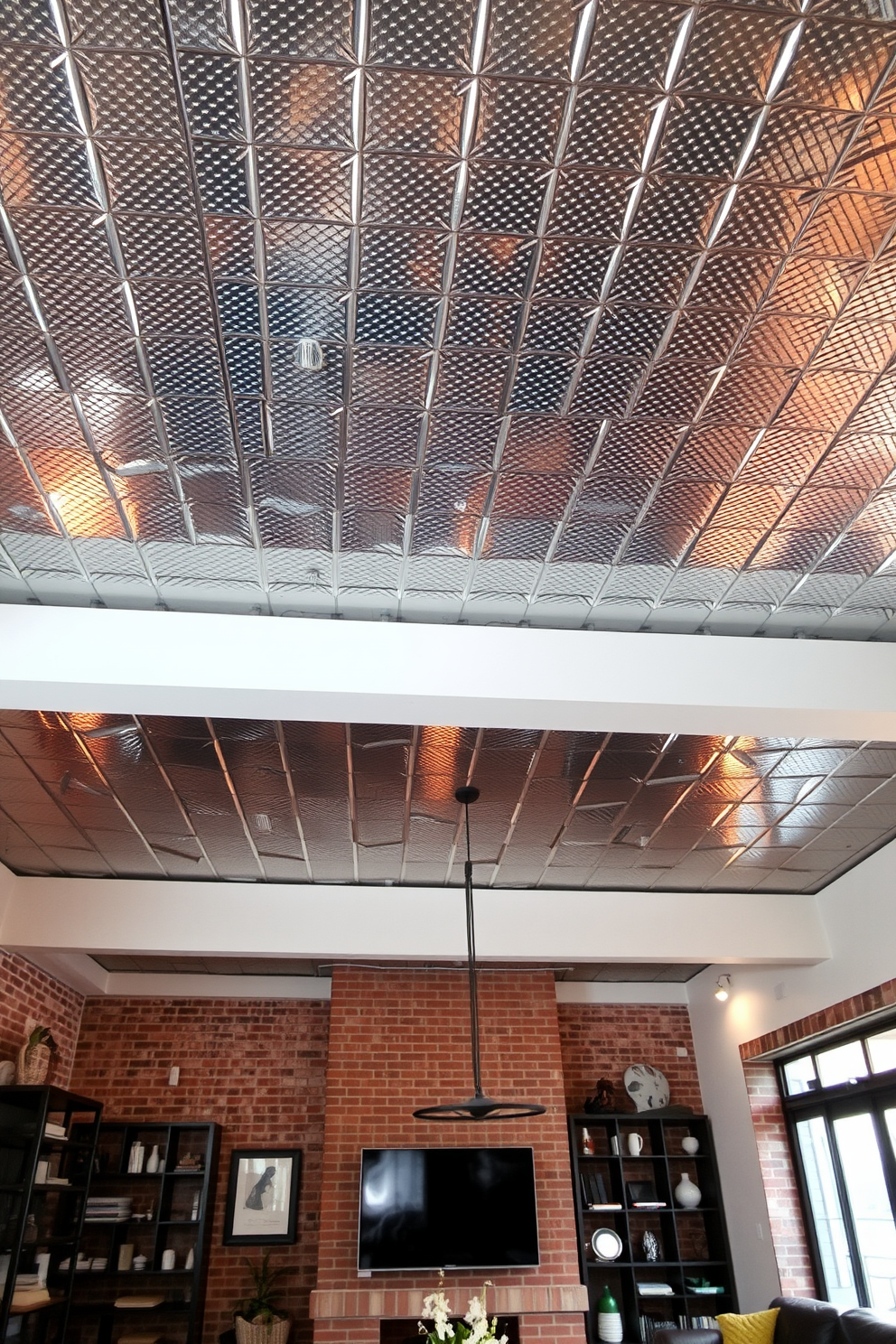 A striking industrial style living room features metal ceiling tiles that reflect light and add texture to the space. The ceiling is complemented by exposed beams and pendant lighting that enhance the raw aesthetic of the room.