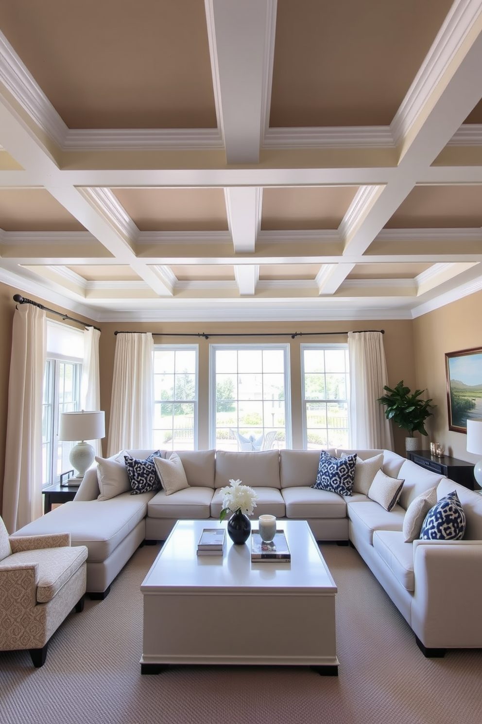 A striking living room features metal ceiling tiles that create an industrial look, enhancing the overall aesthetic with their textured surface. The room is filled with natural light, highlighting the contrast between the sleek metal and the warm wooden accents throughout the space.