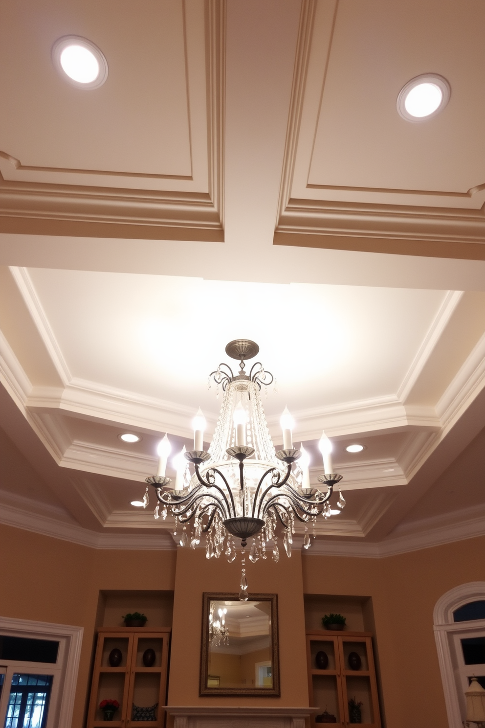 A stunning living room features a grand chandelier as the centerpiece, casting a warm glow over the space. The ceiling is adorned with intricate moldings and a soft color palette, enhancing the elegance of the room. The chandelier is a statement piece with crystal accents that catch the light beautifully. The ceiling design incorporates recessed lighting and decorative beams that add depth and character to the living area.