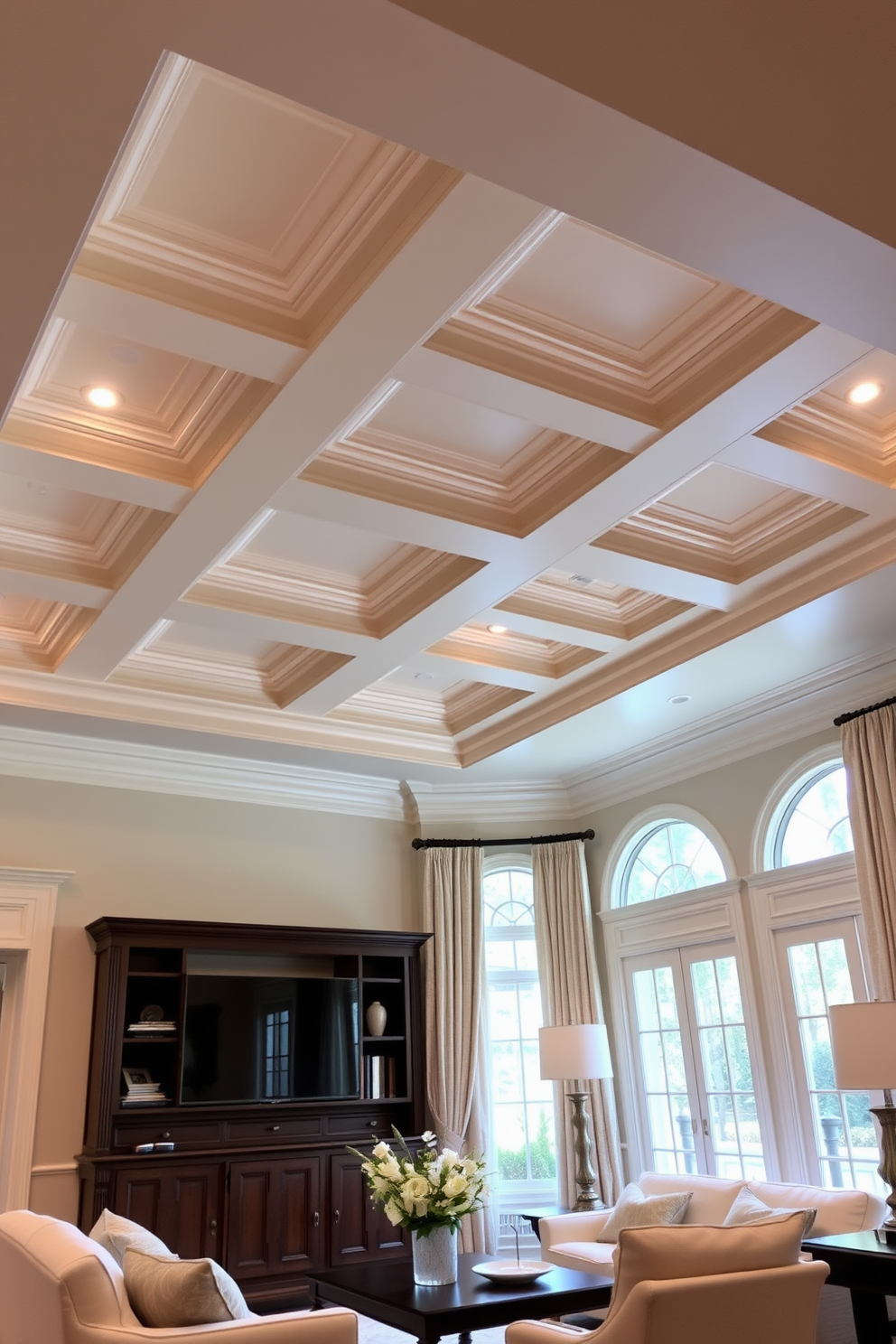 A living room adorned with intricate crown molding that adds an air of classic sophistication. The ceiling features a coffered design with recessed lighting that highlights the elegant details and creates a warm ambiance. Soft, neutral tones dominate the space, complemented by rich wood accents and plush furnishings. Large windows draped with luxurious fabric allow natural light to flood the room, enhancing the overall elegance.