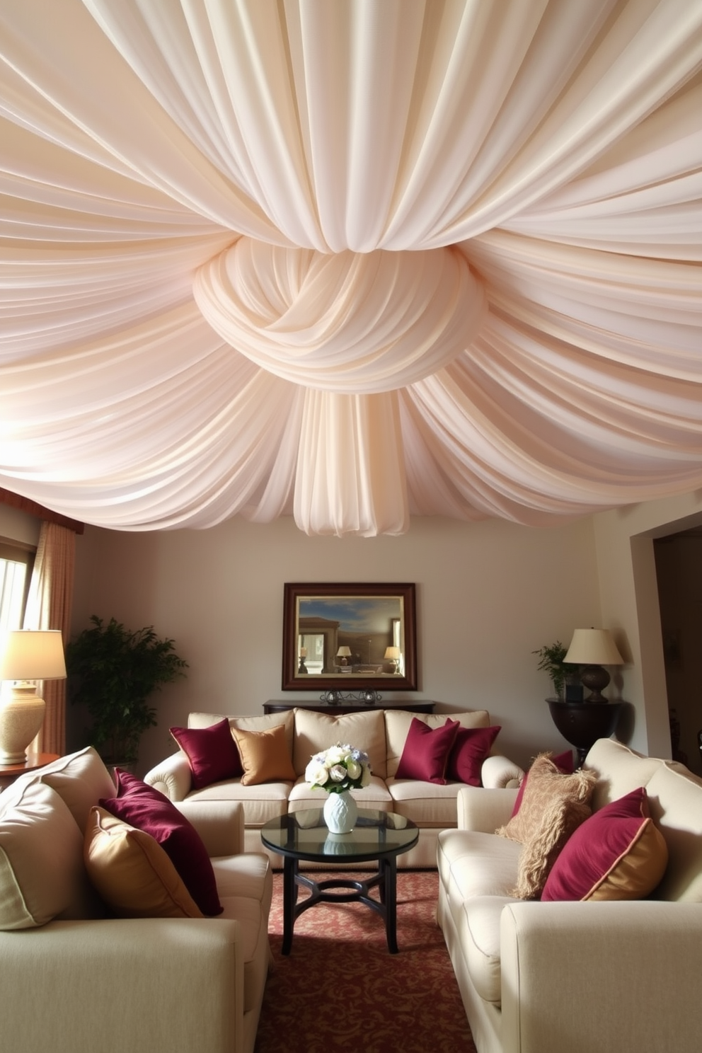 A living room adorned with fabric draped ceilings creating a soft and inviting atmosphere. The elegant fabric cascades down from the center, adding texture and warmth to the space. Surrounding the area, plush sofas in neutral tones invite relaxation. Accent pillows in rich colors complement the soft ceiling, enhancing the overall design.