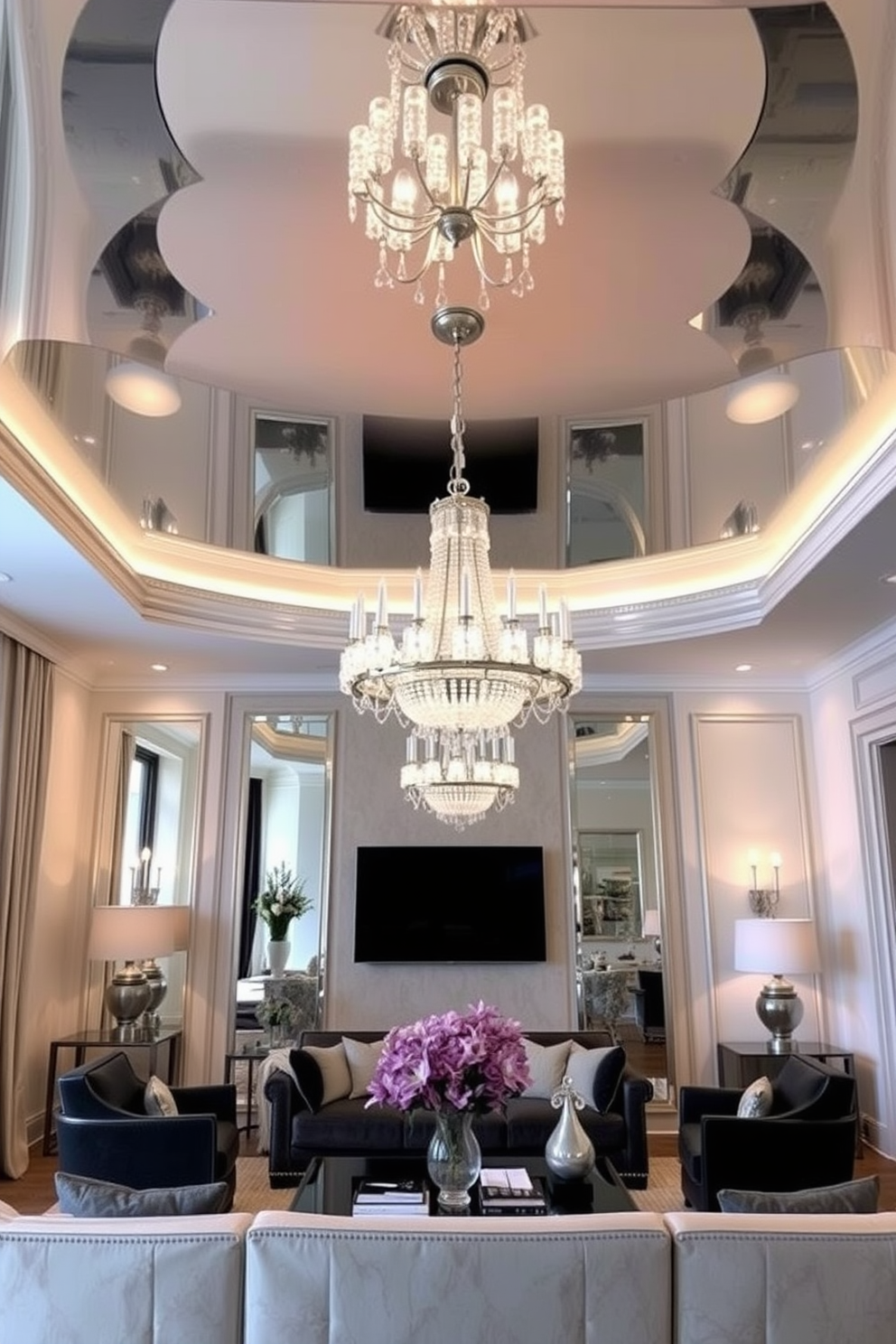 A stunning living room features mirrored ceilings that reflect light and create an illusion of spaciousness. The elegant design incorporates a modern chandelier that enhances the glamour of the space while complementing the stylish furnishings below.