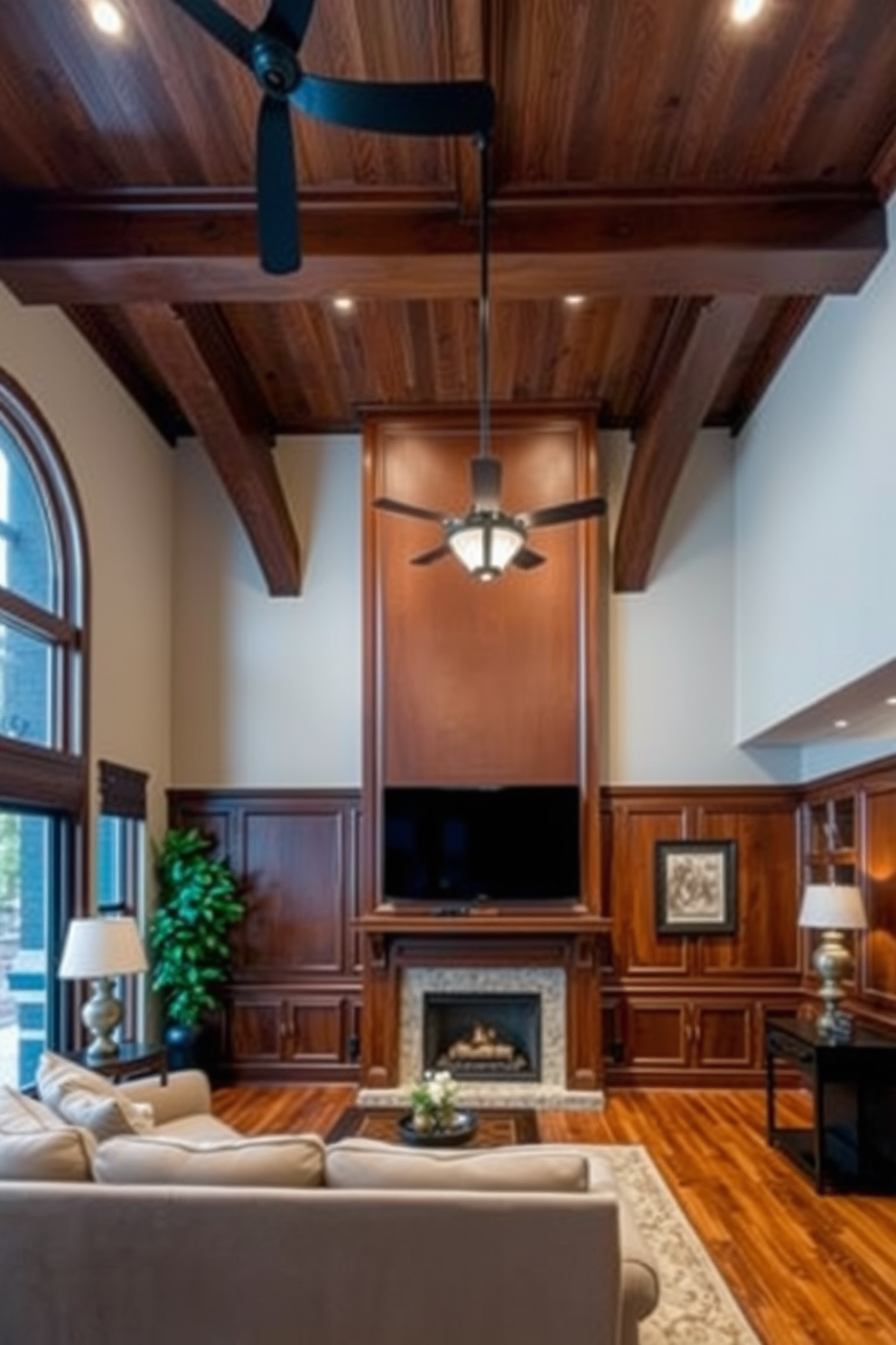 A modern living room featuring acoustic panels strategically placed on the walls for optimal sound absorption. The ceiling design incorporates a sleek coffered pattern with recessed lighting that enhances the ambiance of the space. The color palette consists of warm neutrals with pops of vibrant accent colors in the furnishings. Plush seating arrangements are complemented by a stylish coffee table and a cozy area rug that ties the room together.