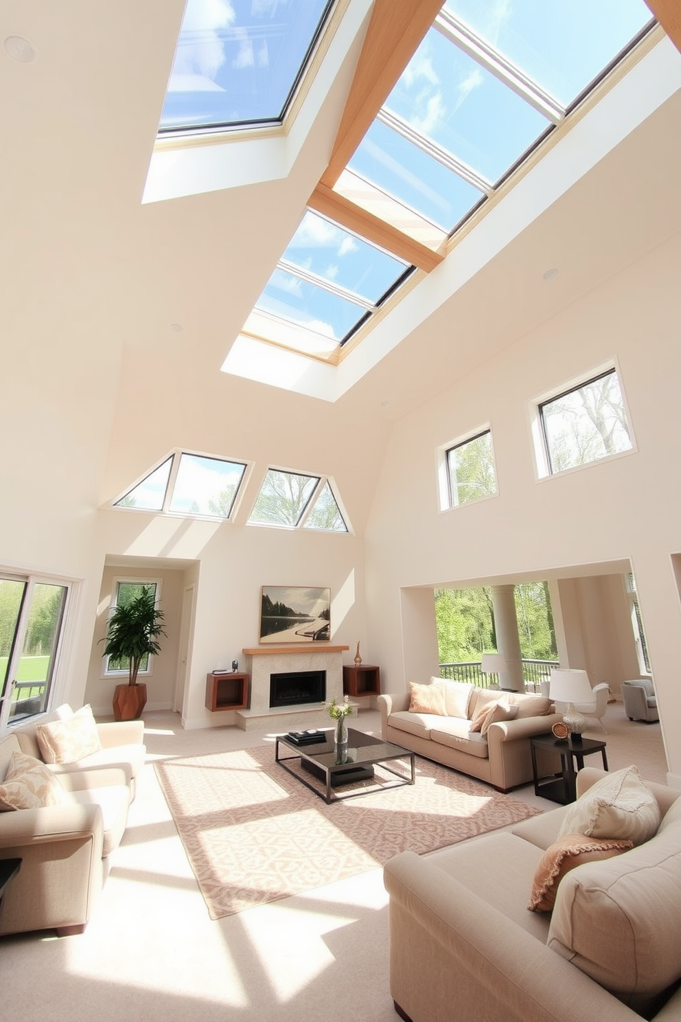 A spacious living room with large skylights that allow natural light to flood the space. The ceiling features a modern design with exposed wooden beams and recessed lighting that enhances the room's warmth. The walls are painted in a soft neutral color, complementing the natural light. Plush furniture is arranged to create a cozy seating area, with a large area rug anchoring the space.