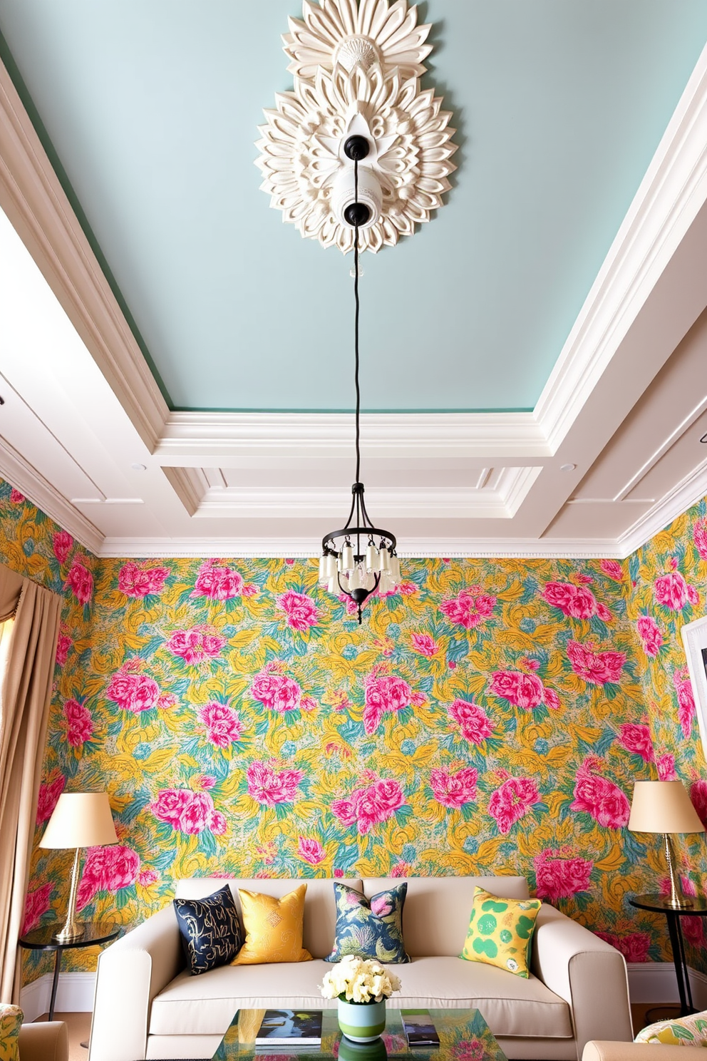 A vibrant living room adorned with colorful wallpapers that feature intricate floral patterns. The walls are alive with hues of blue, pink, and yellow, creating a cheerful and inviting atmosphere. An elegant ceiling design that showcases a coffered pattern painted in a soft white. The ceiling is complemented by stylish pendant lights that add a touch of sophistication and warmth to the space.