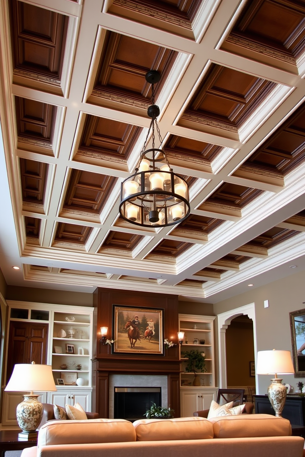 A cozy living room featuring exposed wooden beams that add rustic charm to the space. The beams are complemented by soft, neutral-toned walls and large windows that allow natural light to flood the room. A plush sectional sofa in a warm fabric is placed in the center, adorned with colorful throw pillows. A large area rug with intricate patterns anchors the seating area, creating an inviting atmosphere. In one corner, a stylish coffee table sits atop the rug, surrounded by elegant accent chairs. The decor includes a mix of vintage and modern elements, enhancing the room's character and warmth.