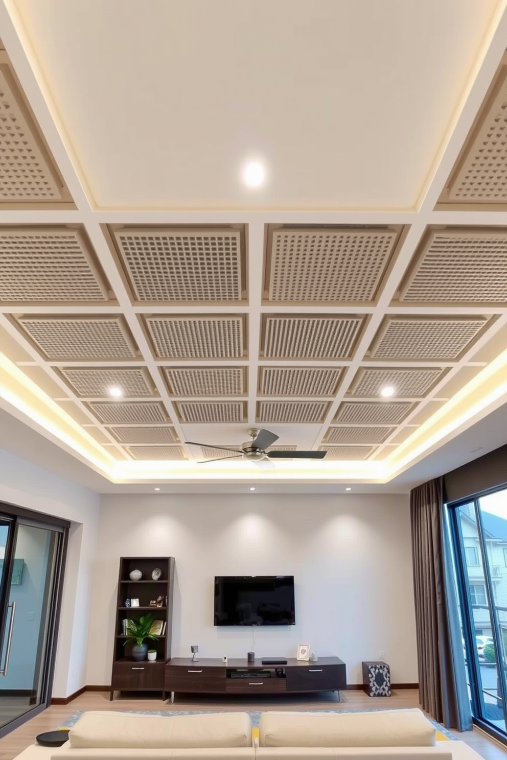 A modern living room featuring a ceiling adorned with stylish acoustic tiles designed for optimal sound absorption. The tiles are arranged in a geometric pattern, enhancing both aesthetics and functionality while providing a cozy atmosphere.