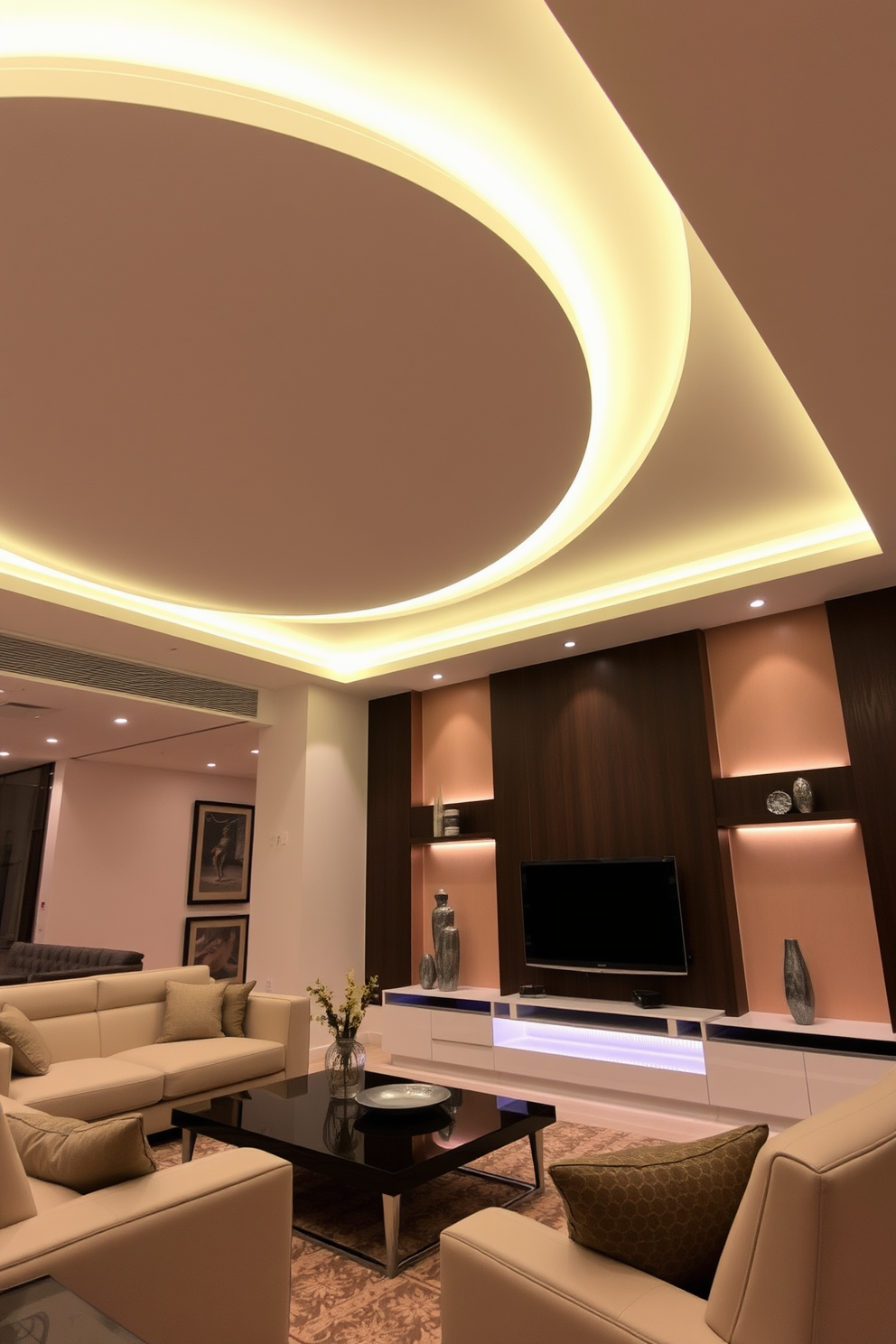 A modern living room featuring LED strip lighting integrated into the ceiling design. The soft glow of the lights highlights the sleek lines of the contemporary furnishings and enhances the overall ambiance of the space.