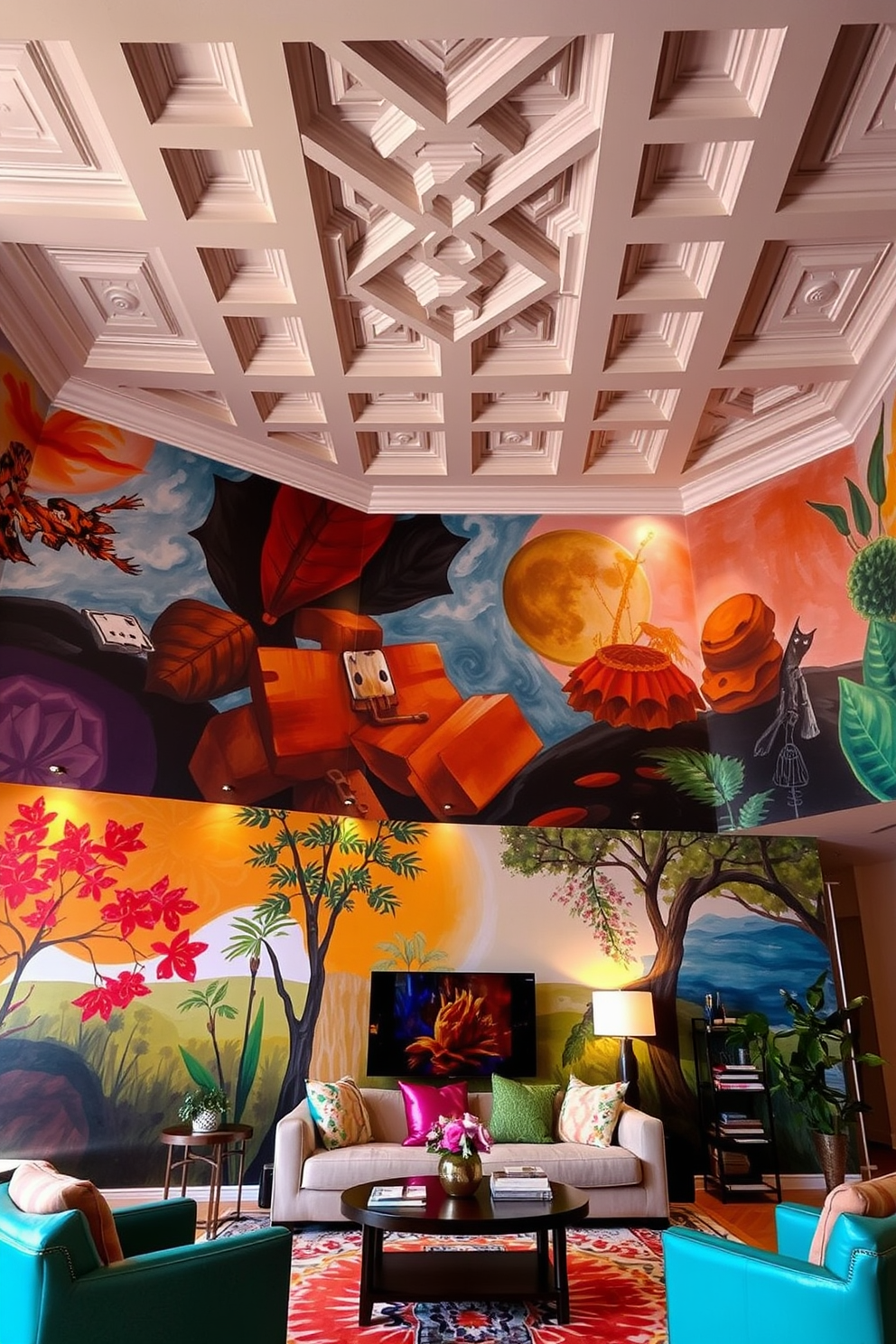 A vibrant living room adorned with painted murals that showcase a blend of abstract and nature-inspired themes. The walls are a canvas of color, creating an immersive atmosphere that sparks creativity and conversation. The ceiling features intricate design ideas, such as geometric patterns or a coffered layout, enhancing the room's height and elegance. Soft lighting fixtures are strategically placed to highlight the ceiling design, adding warmth and sophistication to the space.