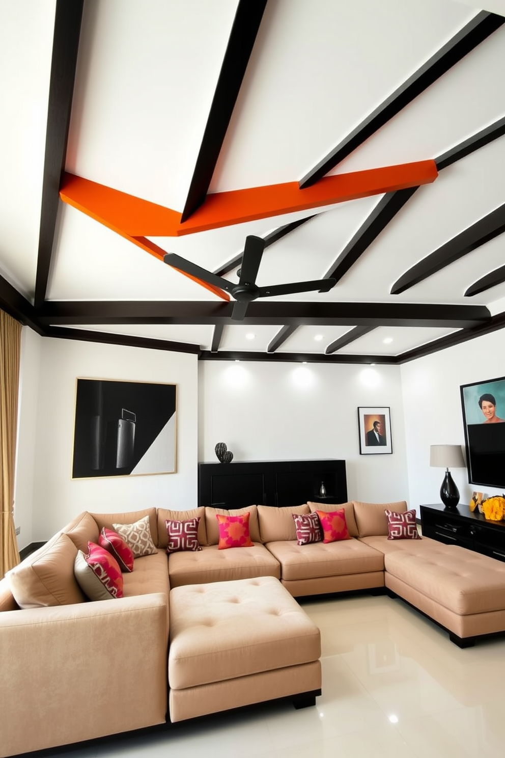 A contemporary living room featuring bold geometric designs that create a striking visual impact. The ceiling showcases a series of angular shapes in contrasting colors, enhancing the modern aesthetic of the space. The walls are adorned with minimalist artwork that complements the ceiling's design. A plush sectional sofa in a neutral tone anchors the room, surrounded by vibrant accent pillows that echo the geometric theme.