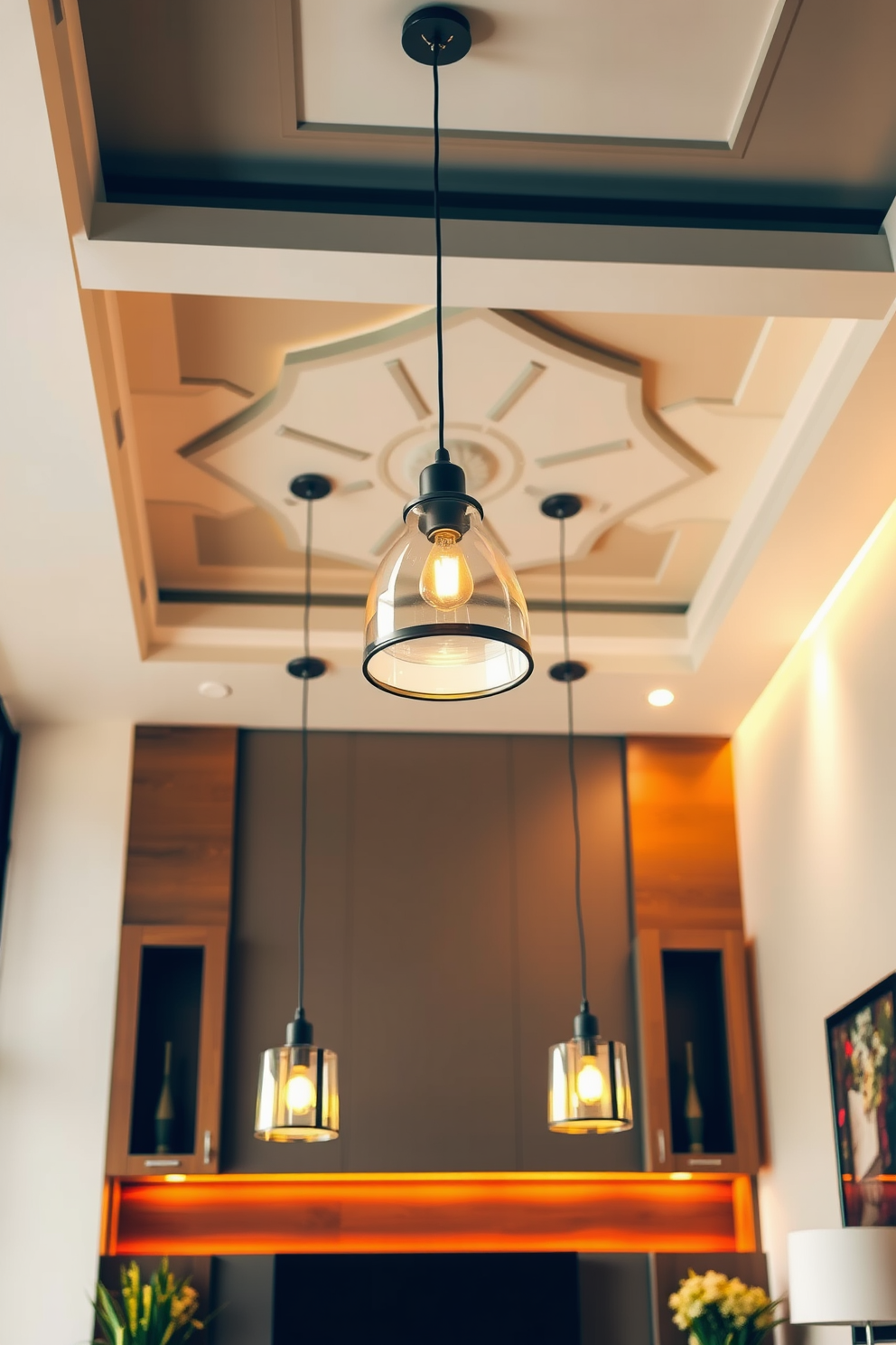 A stylish living room features hanging pendant lights that create a warm and inviting atmosphere. The ceiling is adorned with a modern design that incorporates geometric patterns and soft colors, enhancing the overall elegance of the space.