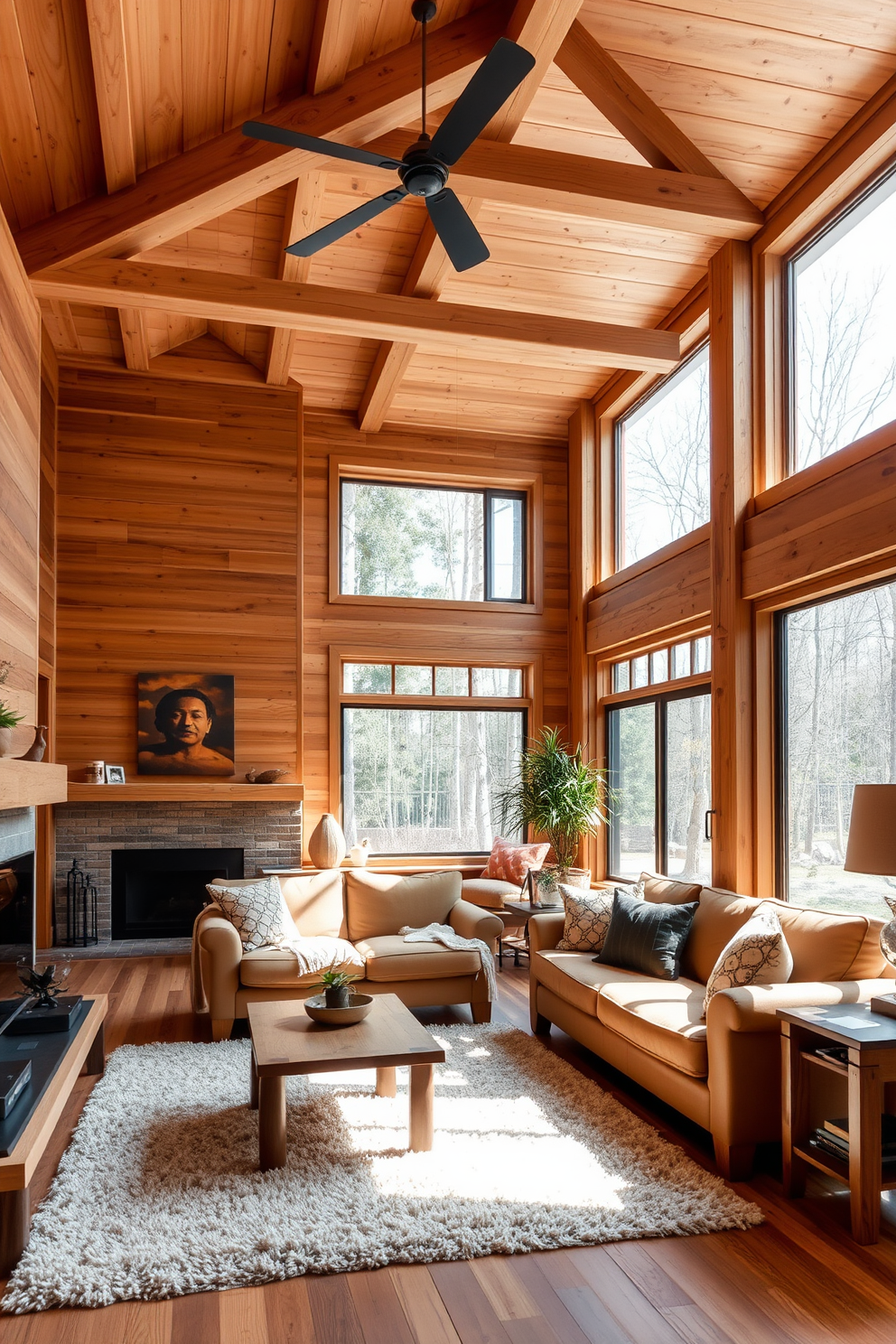 A cozy living room with natural wood finishes that enhance the organic appeal. The ceiling features exposed wooden beams and a warm, earthy color palette that creates a serene atmosphere. Large windows allow natural light to flood the space, highlighting the textures of the wooden furniture. A plush area rug anchors the seating arrangement, which includes a mix of contemporary and rustic pieces.