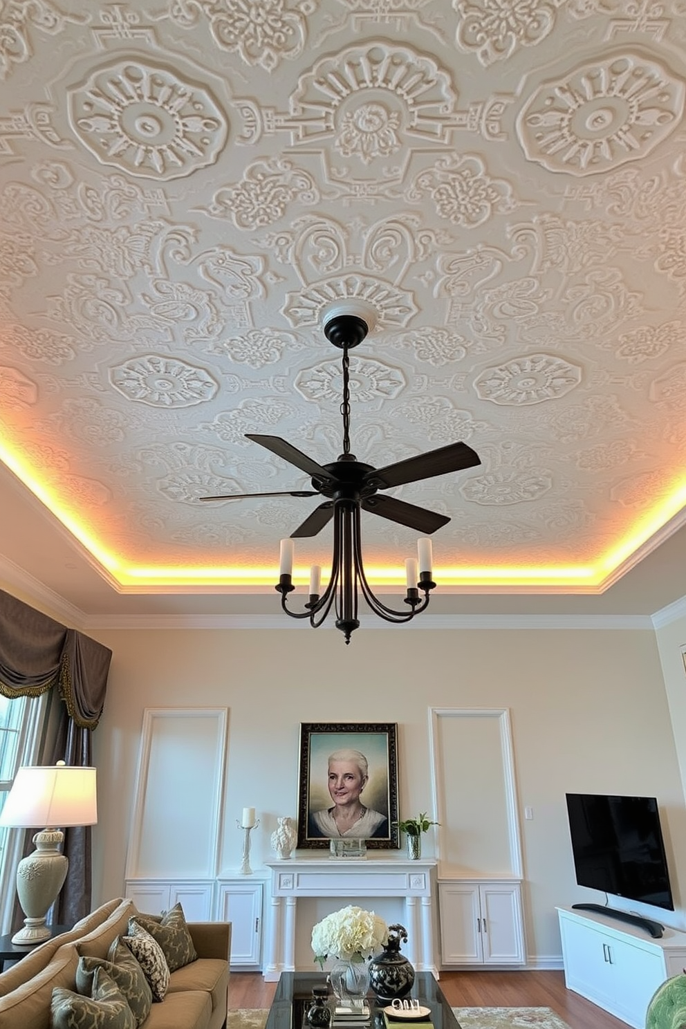 Textured plaster ceilings create a sense of elegance and sophistication in any living room. The intricate patterns and subtle variations in texture add depth and character to the space. Consider incorporating ambient lighting that highlights the ceiling's features while providing a warm glow. A neutral color palette for the walls and furnishings will complement the textured ceiling beautifully.