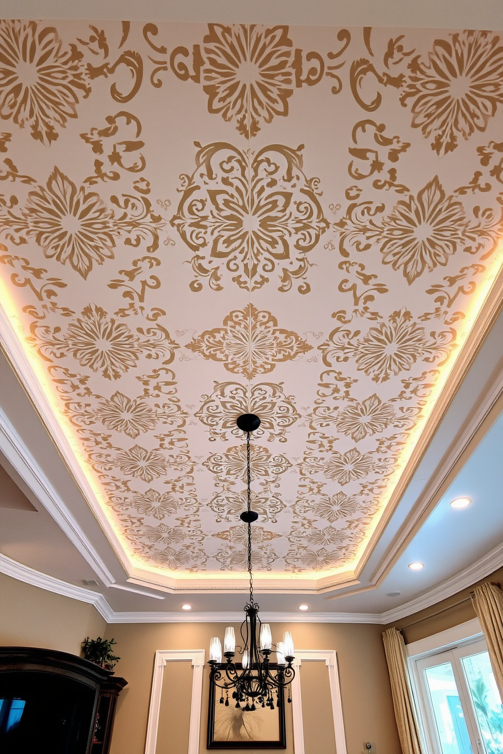 A stunning living room ceiling features intricate stenciled patterns that add artistic flair to the space. The design incorporates soft ambient lighting that highlights the details and creates a warm, inviting atmosphere.