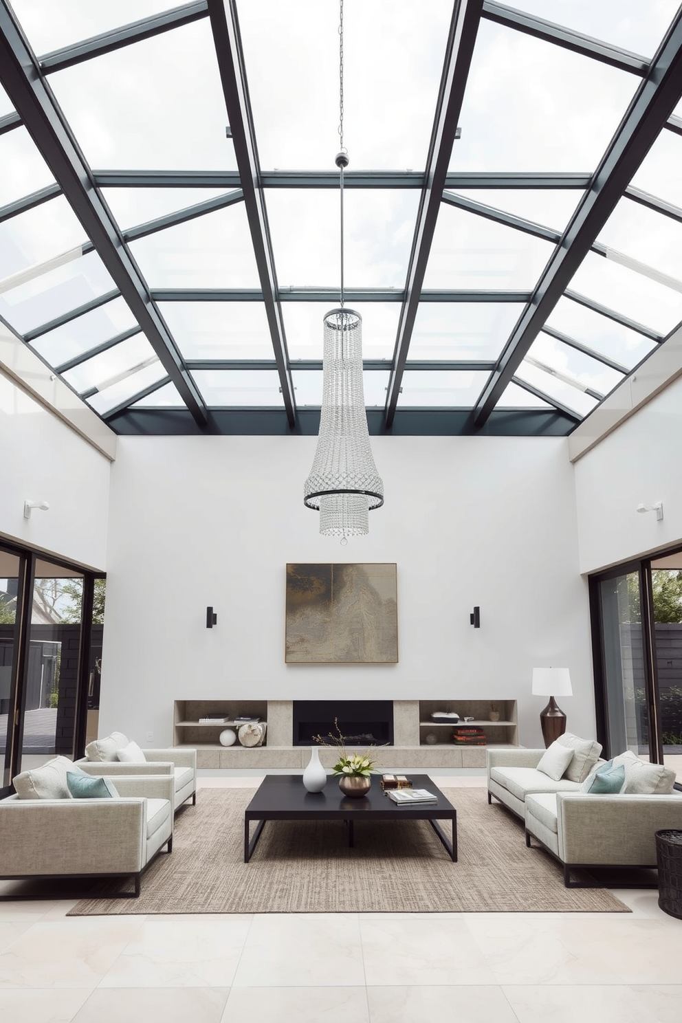 A contemporary living room featuring expansive glass ceiling panels that allow natural light to flood the space. The sleek design is complemented by minimalist furniture in neutral tones, creating an inviting and airy atmosphere. The walls are adorned with subtle textures and a soft color palette, enhancing the modern aesthetic. A statement chandelier hangs from the center, adding a touch of elegance to the overall design.