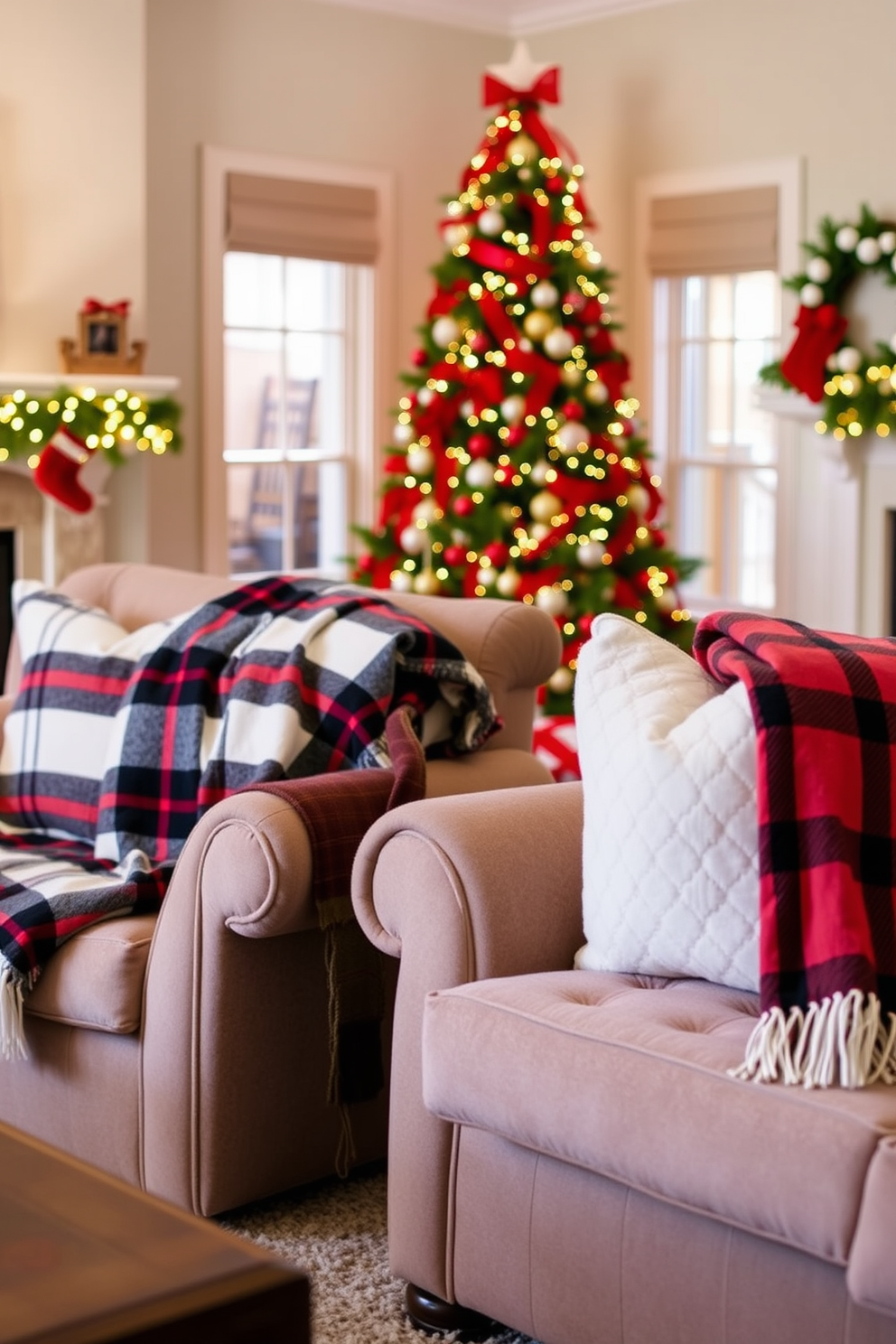 Cozy plaid throw blankets are draped over plush sofas, creating a warm and inviting atmosphere. The living room is adorned with festive Christmas decorations, including twinkling lights and a beautifully decorated tree.