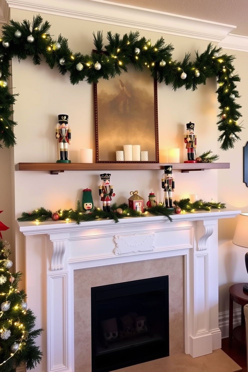 Charming nutcracker figurines are displayed on elegant wooden shelves, adding a whimsical touch to the living room. The shelves are adorned with festive garlands and twinkling fairy lights, creating a warm and inviting atmosphere for the holiday season.