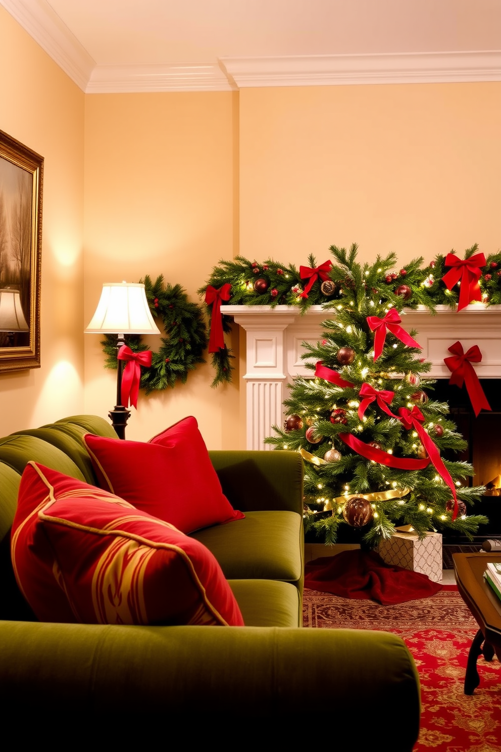 A cozy living room adorned with a classic red and green color scheme. The walls are painted in a warm cream tone, while a lush green velvet sofa is accented with red and gold throw pillows. A beautifully decorated Christmas tree stands in the corner, draped with red ribbons and twinkling lights. A festive garland with red berries and pinecones adorns the mantel above the fireplace, creating a warm holiday atmosphere.