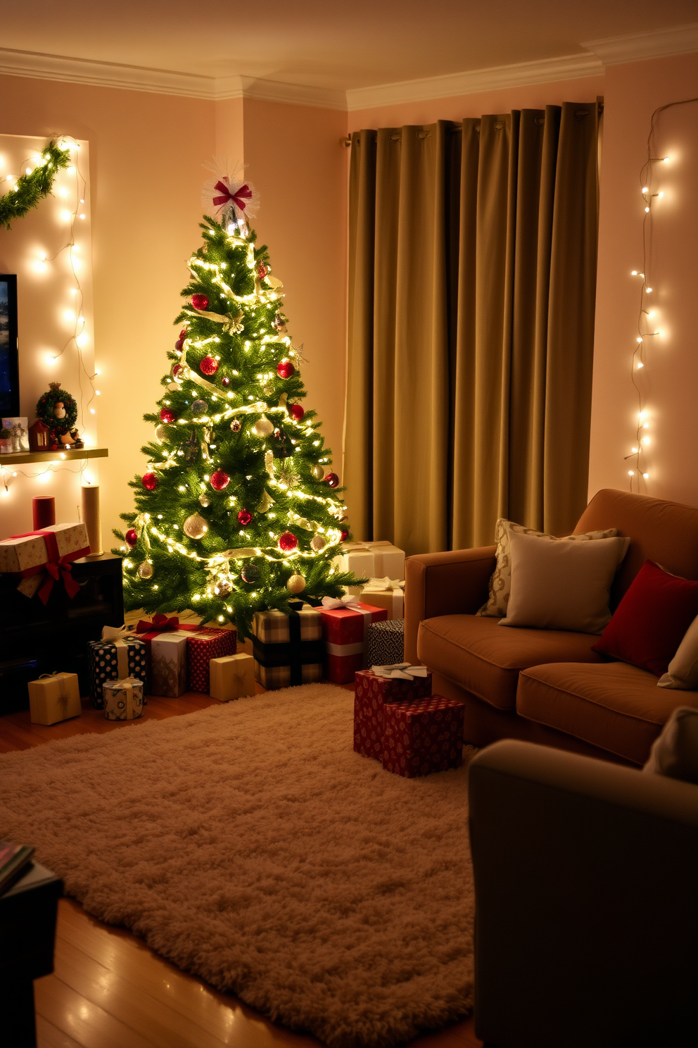 A cozy living room adorned for Christmas. A beautifully decorated tree stands in the corner, surrounded by elegantly wrapped presents in various colors and patterns. Soft twinkling lights illuminate the room, casting a warm glow on the festive decor. A plush area rug lies beneath a comfortable seating arrangement, inviting family and friends to gather and celebrate the holiday spirit.