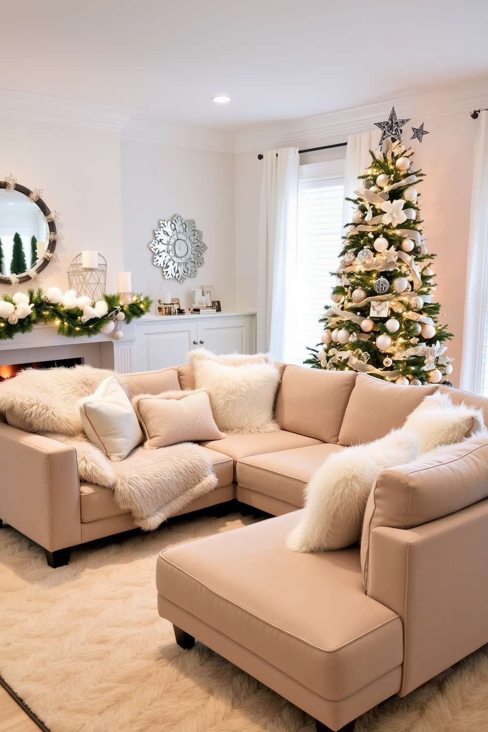 A cozy living room adorned with snowy white faux fur accents. The space features a plush faux fur throw draped over a modern sectional sofa, complemented by soft faux fur pillows in varying sizes. A beautifully decorated Christmas tree stands in the corner, adorned with twinkling lights and elegant ornaments. A festive garland with faux fur details is draped over the mantel, enhancing the warm holiday atmosphere.