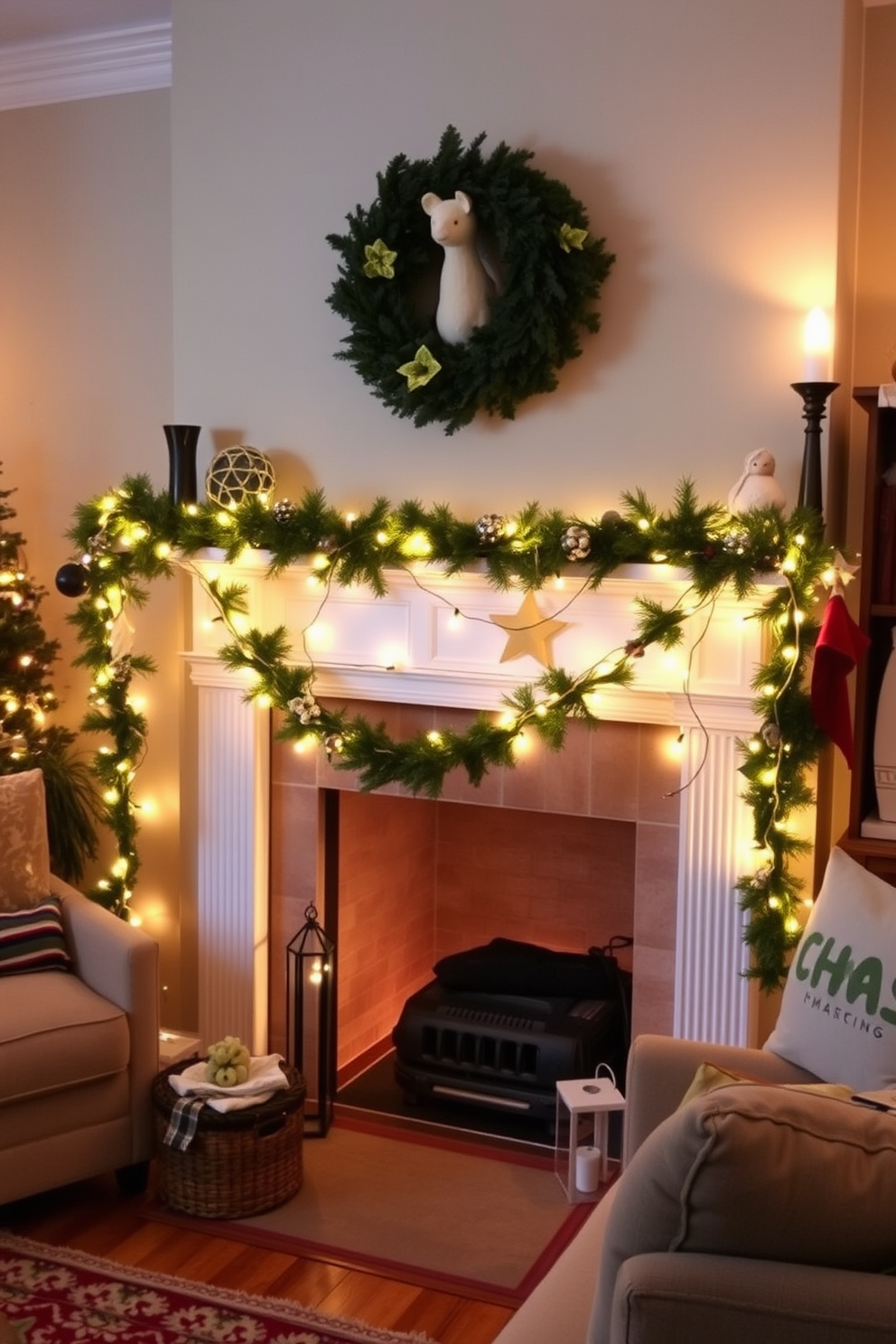 A cozy living room adorned for Christmas with hanging garlands draped elegantly across the mantelpiece. The garlands are lush and vibrant, embellished with twinkling fairy lights and festive ornaments, creating a warm and inviting atmosphere.