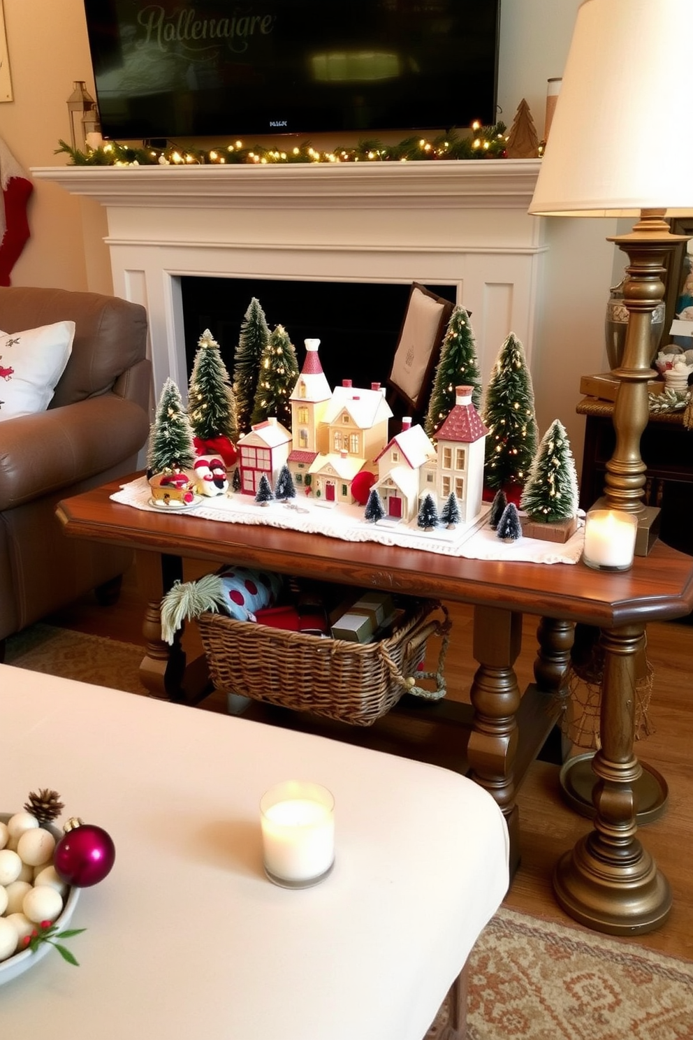 A charming Christmas village display is arranged on a rustic side table in the living room. The table is adorned with a white tablecloth, and the village features quaint houses, twinkling lights, and miniature trees, creating a festive atmosphere. Surrounding the display are cozy decorative elements, including a woven basket filled with holiday blankets and a few festive ornaments scattered around. The warm glow from nearby candles enhances the inviting ambiance, making the space perfect for holiday gatherings.