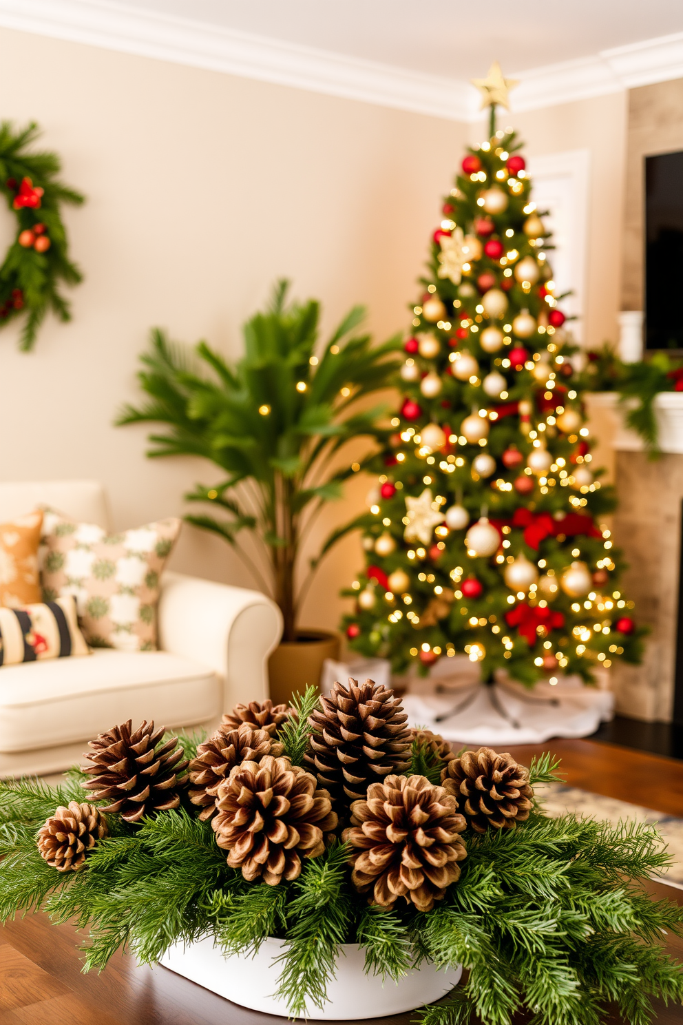 A cozy living room adorned with sparkling tinsel draped elegantly over the furniture. The Christmas tree stands tall in the corner, decorated with twinkling lights and colorful ornaments, creating a festive atmosphere.