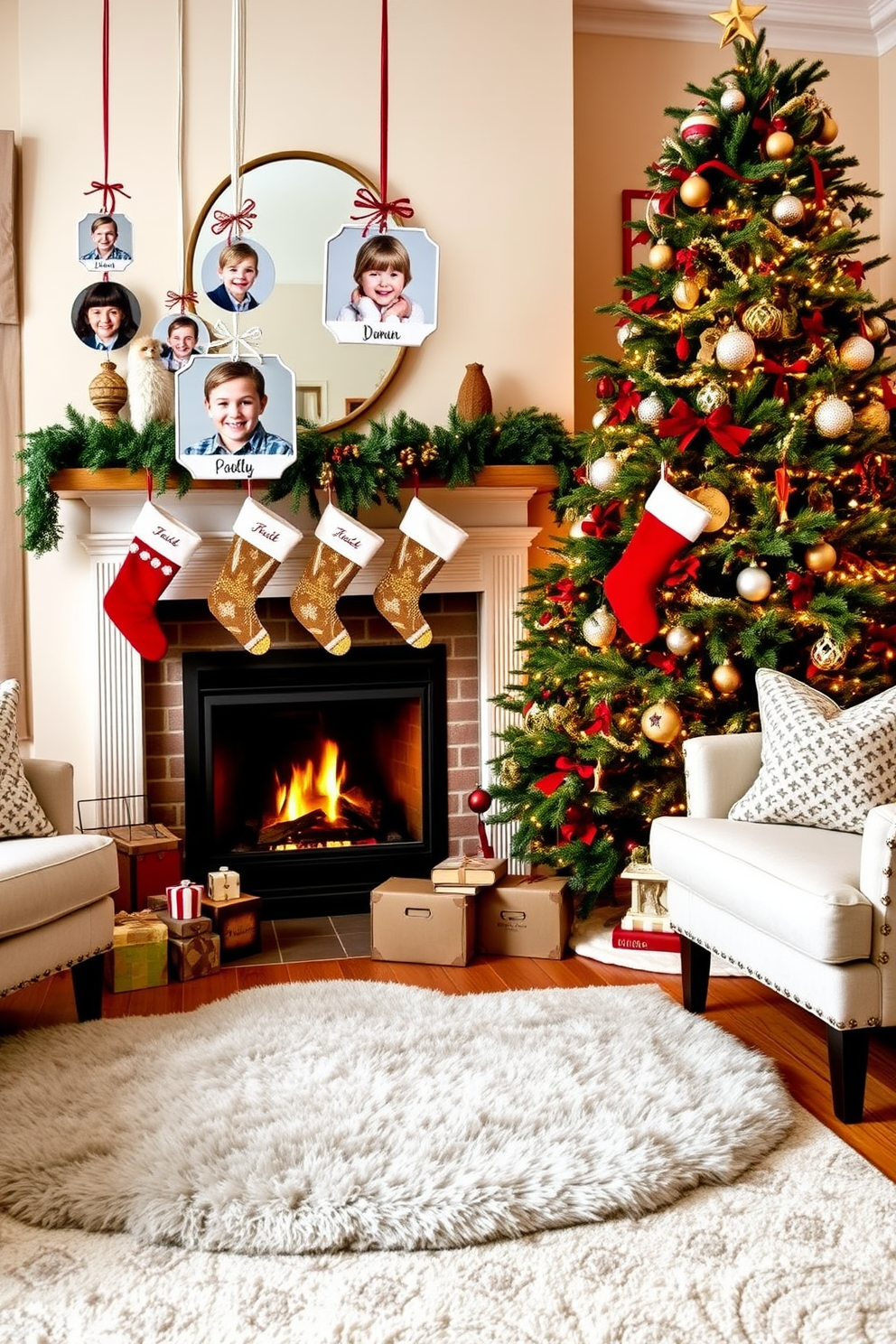 Create a cozy living room setting adorned with personalized family photo ornaments hanging from a beautifully decorated Christmas tree. The room features a warm fireplace with stockings hung above, and a plush area rug underfoot adds to the festive atmosphere.