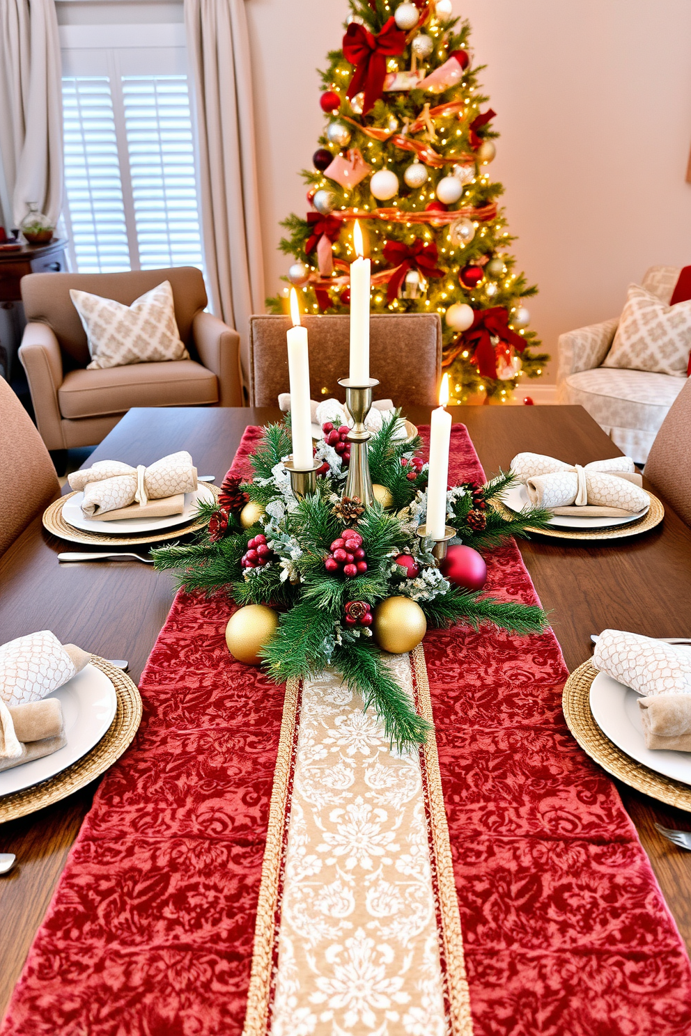 A stylish holiday table runner centerpiece adorned with festive decorations and elegant candles. The runner features rich textures and colors that complement the surrounding table setting, creating a warm and inviting atmosphere. For living room Christmas decorating ideas, incorporate a beautifully decorated tree with twinkling lights and ornaments that reflect your personal style. Plush throw pillows and cozy blankets in seasonal hues enhance the comfort and charm of the space.