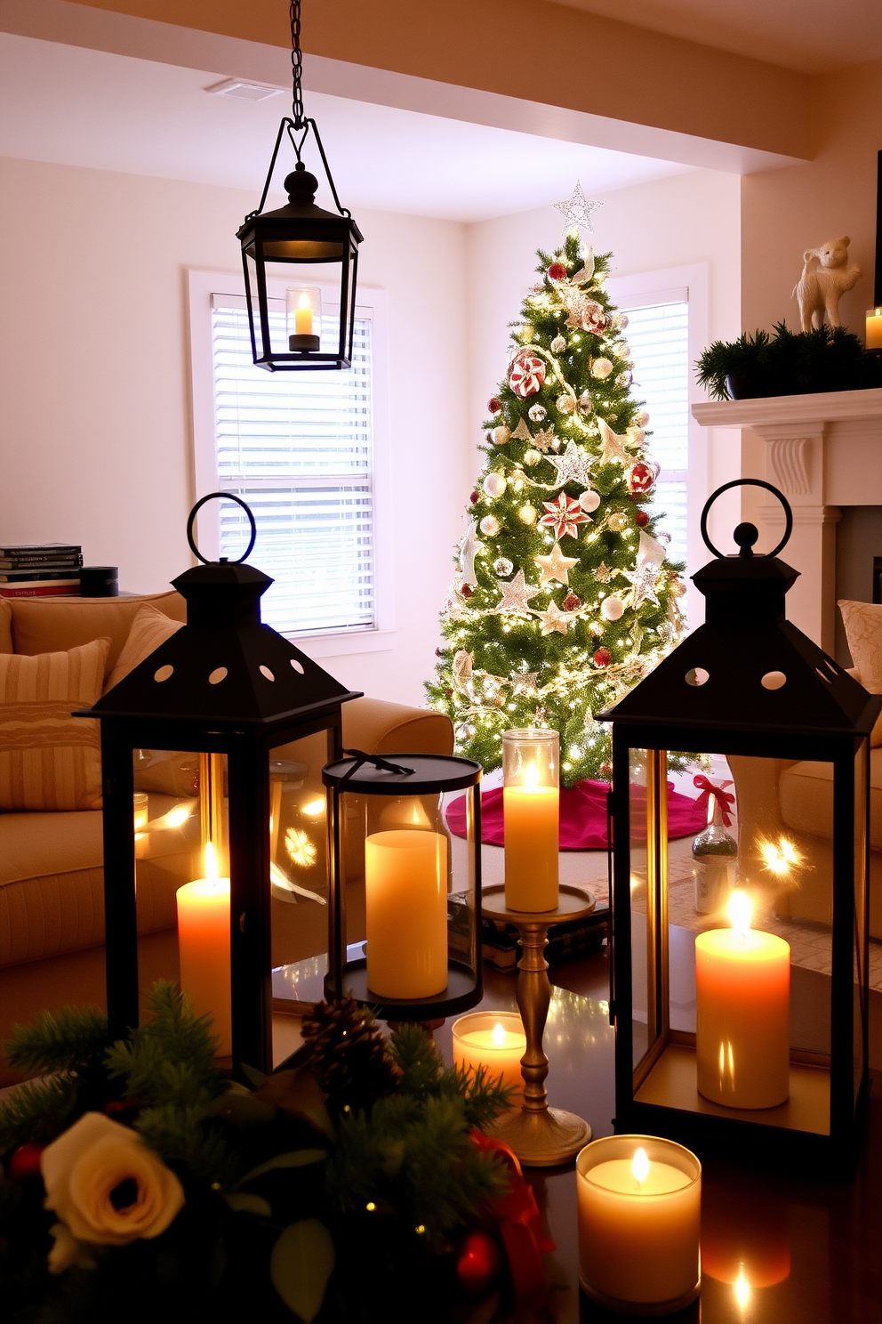 A cozy living room adorned with antique lanterns that feature flickering candles inside. The warm glow from the lanterns creates a festive atmosphere, complemented by a beautifully decorated Christmas tree in the corner.