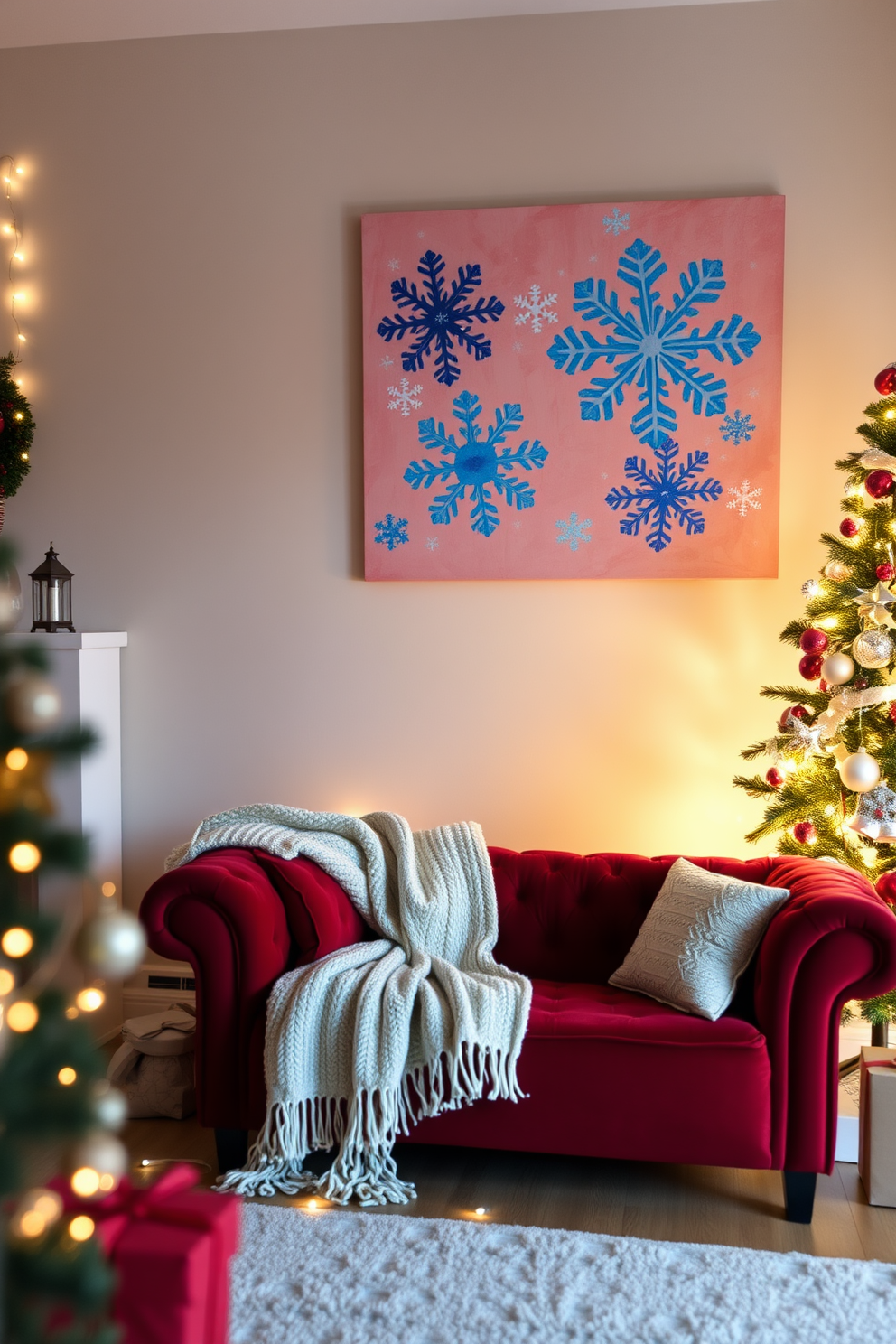 A cozy living room adorned with snowflake cutouts delicately placed on the windows, creating a charming winter ambiance. The space features a plush sofa draped with a soft, knitted throw, and a beautifully decorated Christmas tree stands in the corner, twinkling with warm lights.