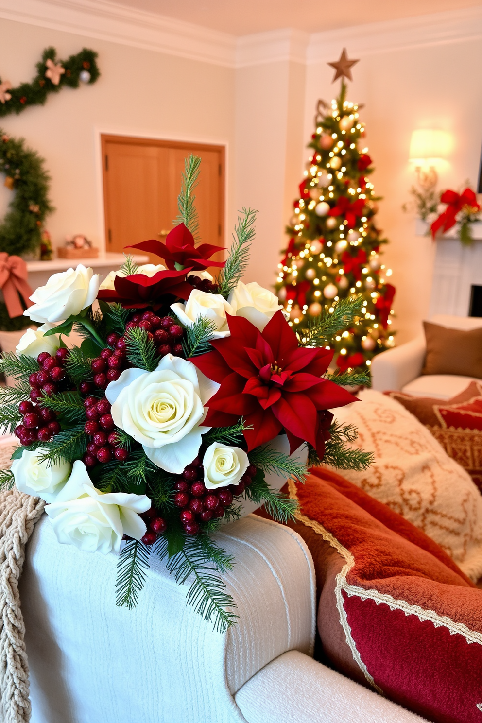 A cozy living room adorned with elegant floral arrangements featuring winter blooms. The arrangement includes white roses, deep red poinsettias, and evergreen sprigs, creating a festive yet sophisticated atmosphere. The room is decorated with soft, warm lighting and a beautifully adorned Christmas tree in the corner. Plush throw blankets and decorative pillows in rich holiday colors complement the overall design, inviting comfort and cheer.