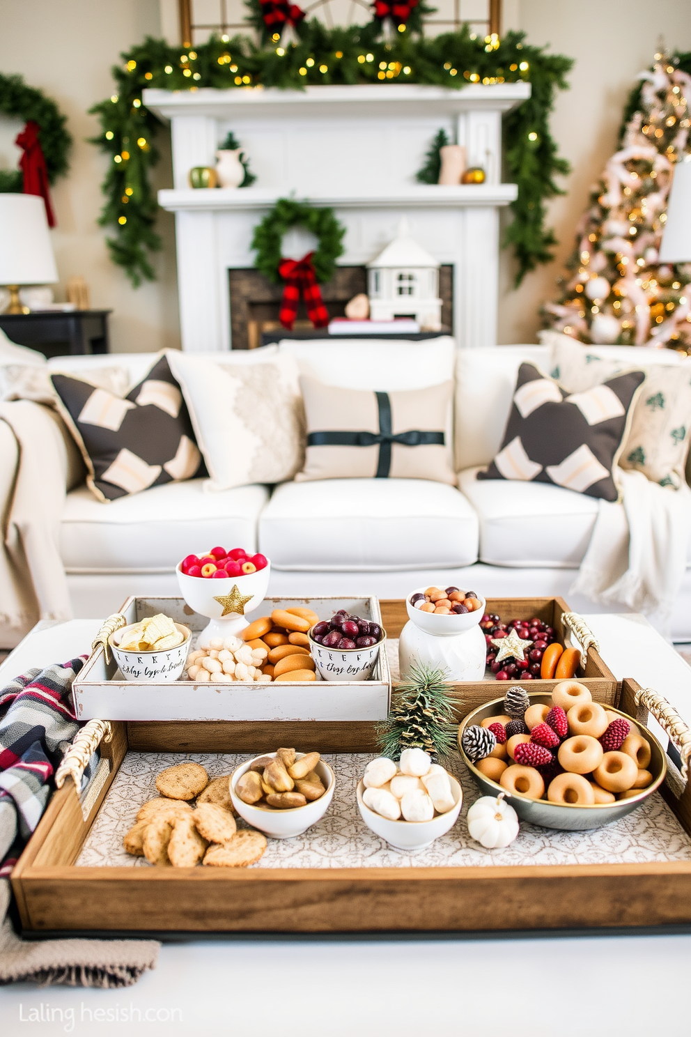 A festive living room adorned with decorative trays filled with an assortment of holiday treats. The trays are artfully arranged on a coffee table, surrounded by cozy throws and twinkling fairy lights.